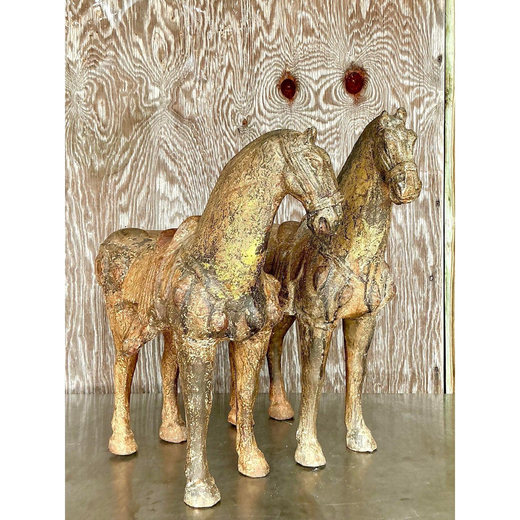 Vintage Asian Patinated Gilt Wood Temple Horses - a Pair For Sale 3