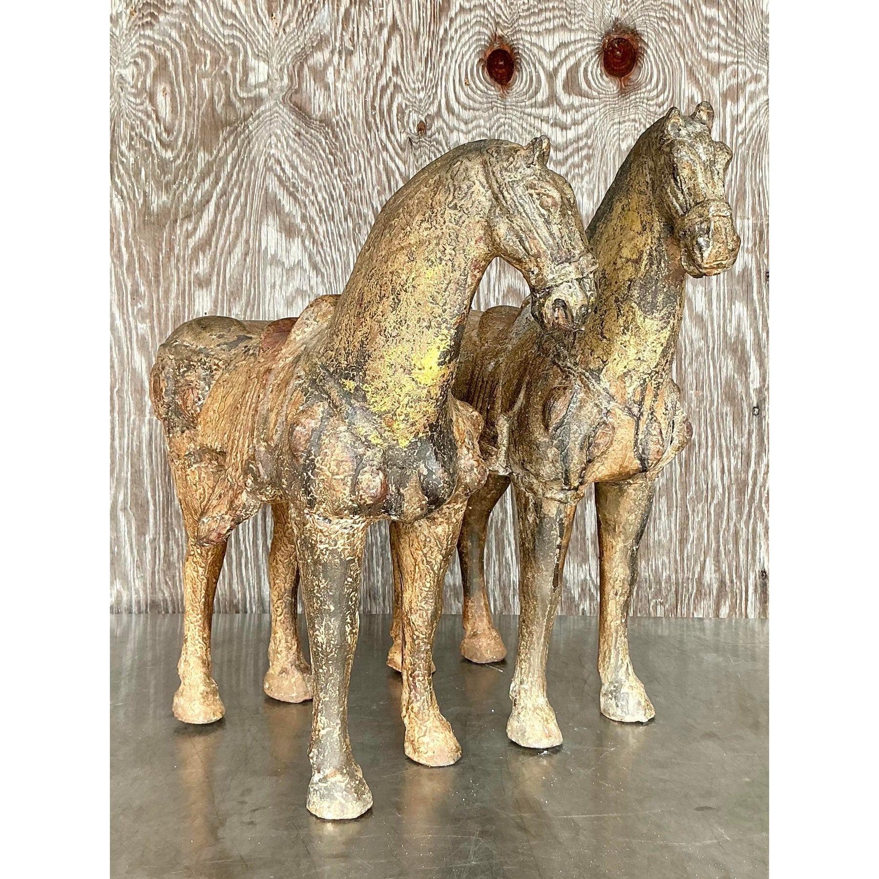 Vintage Asian Patinated Gilt Wood Temple Horses - a Pair For Sale 4