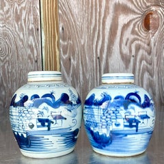 Vintage Asian Petite Blue and White Lidded Jars - Set of 2