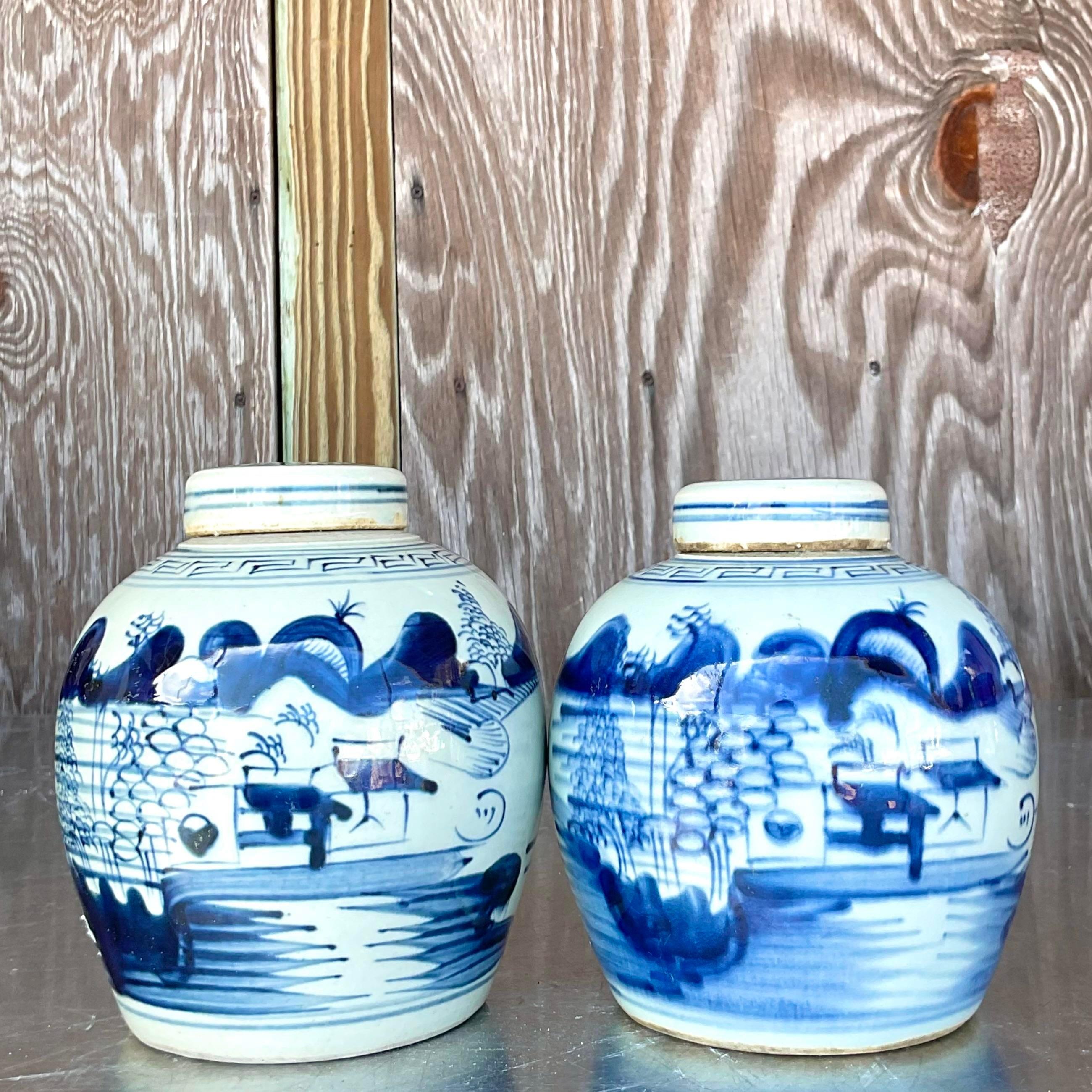 Bohemian Vintage Asian Petite Blue and White Lidded Jars - Set of 2 For Sale