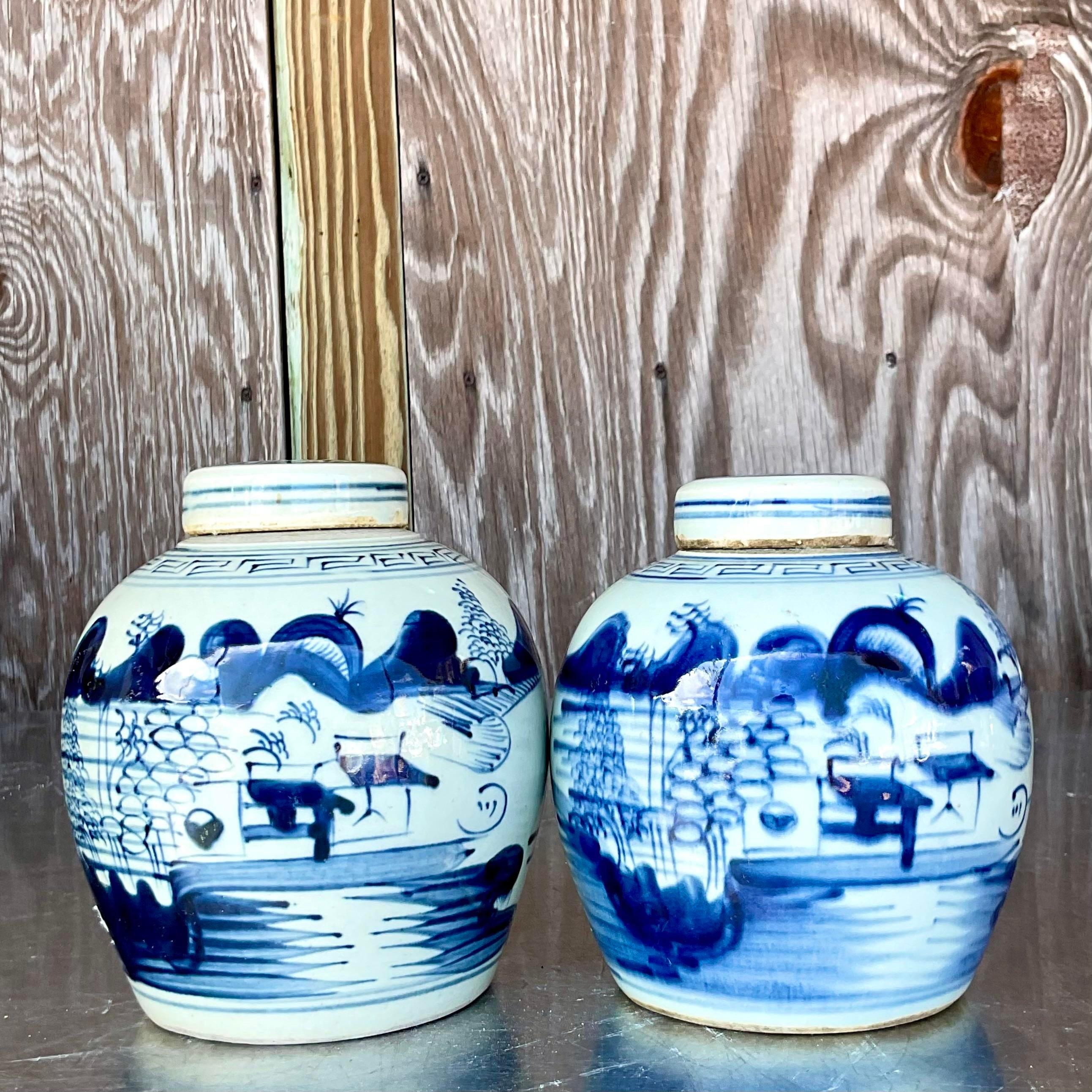 Chinese Vintage Asian Petite Blue and White Lidded Jars - Set of 2 For Sale