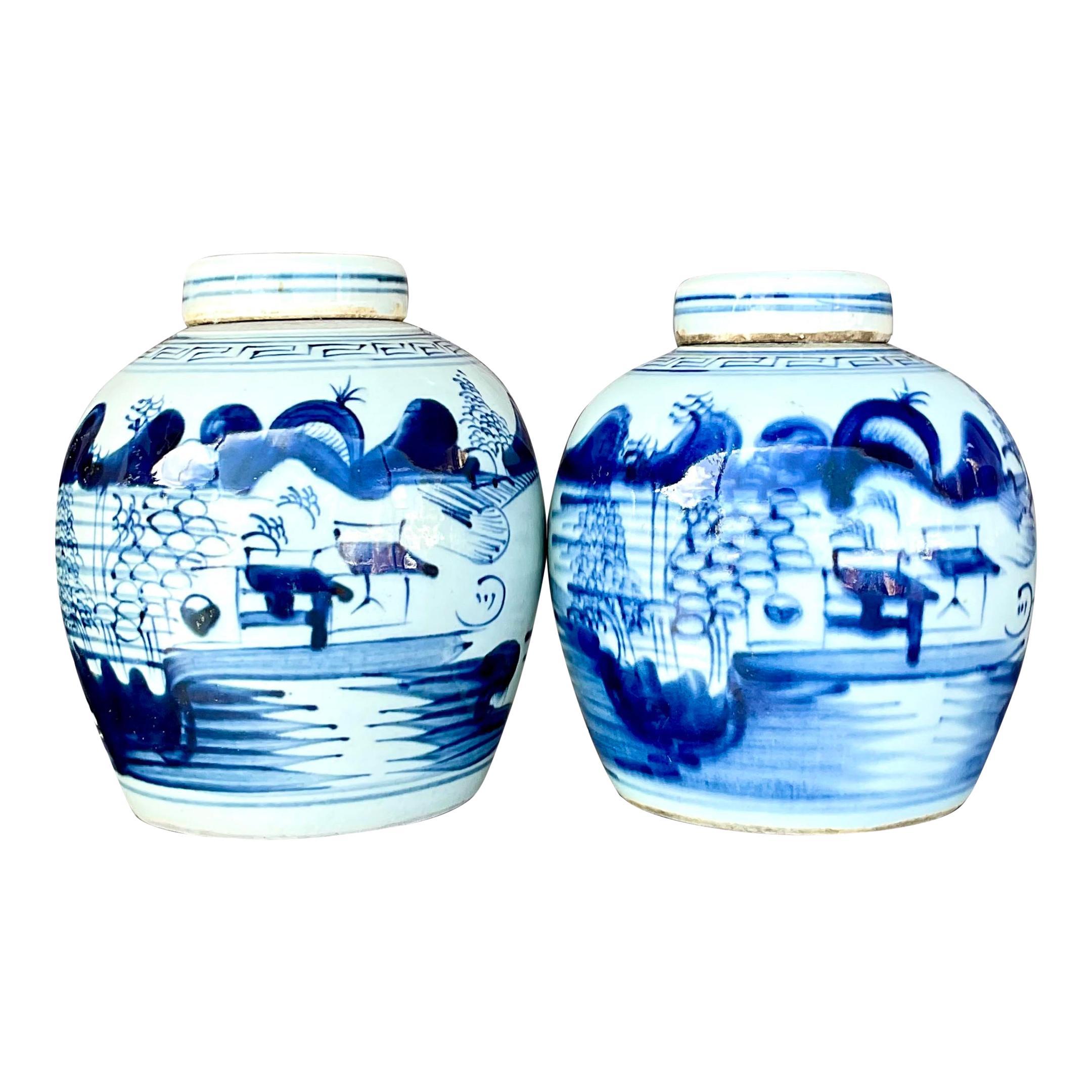 Vintage Asian Petite Blue and White Lidded Jars - Set of 2 For Sale