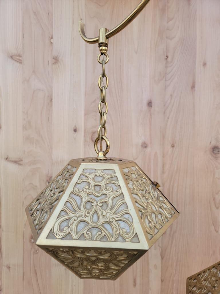 Vintage Asian Pierced Brass Trio of Multi Tiered Ceiling Pendant Chandelier For Sale 3