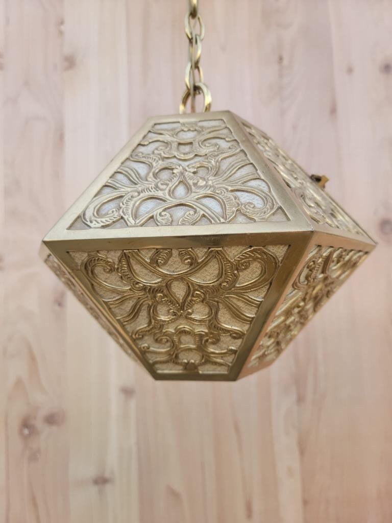 Vintage Asian Pierced Brass Trio of Multi Tiered Ceiling Pendant Chandelier For Sale 4