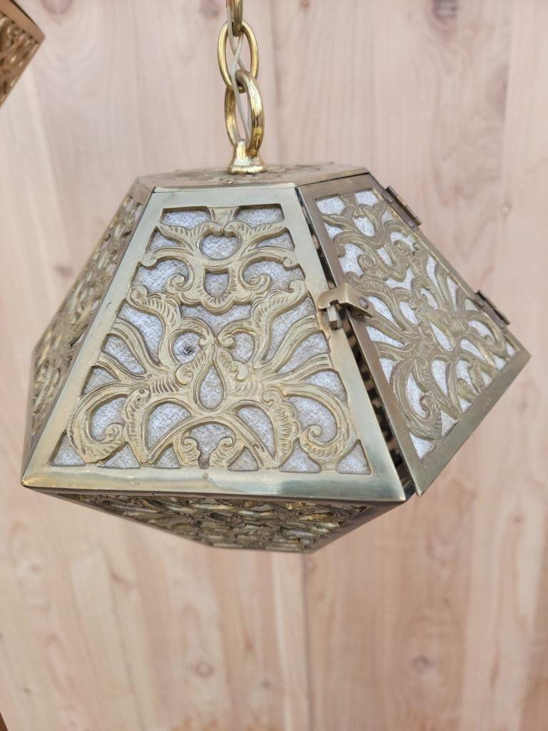 Vintage Asian Pierced Brass Trio of Multi Tiered Ceiling Pendant Chandelier For Sale 5