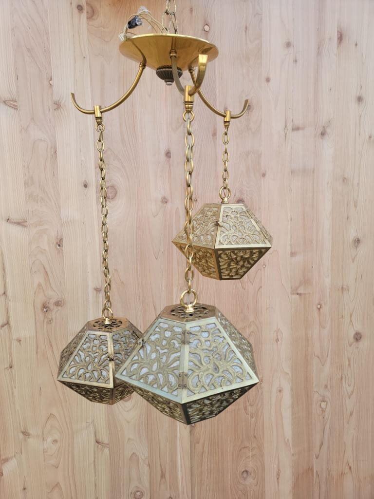Vintage Asian Pierced Brass Trio of Multi Tiered Ceiling Pendant Chandelier For Sale 6
