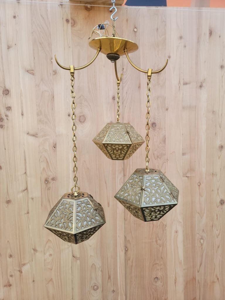 Hand-Crafted Vintage Asian Pierced Brass Trio of Multi Tiered Ceiling Pendant Chandelier For Sale