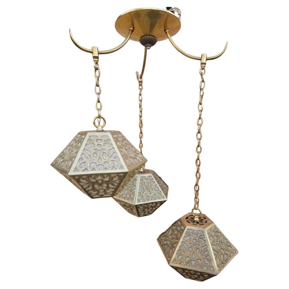 Vintage Asian Pierced Brass Trio of Multi Tiered Ceiling Pendant Chandelier