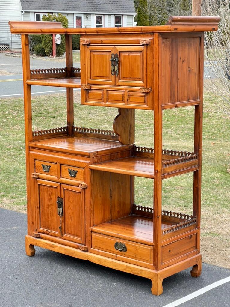 Chinese Export Vintage Asian Pine Etagere Display Cabinet For Sale