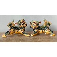 Vintage Asian Polychromed Ceramic Foo Dogs - Set of Two
