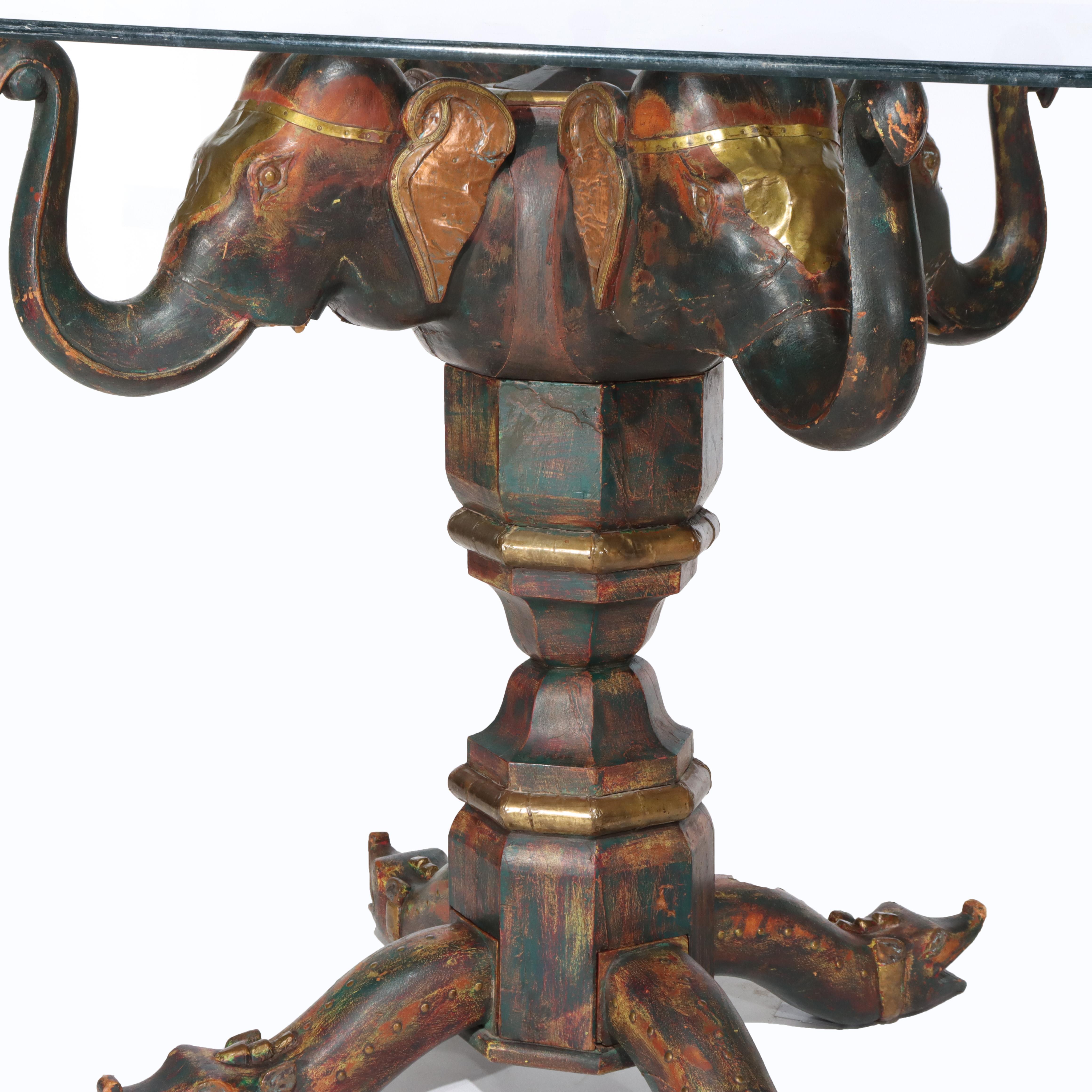 Vintage Asian Elephant Figural Polychromed Double Pedestal Glass Top Table (Tavolo con doppio piedistallo) in vendita 5