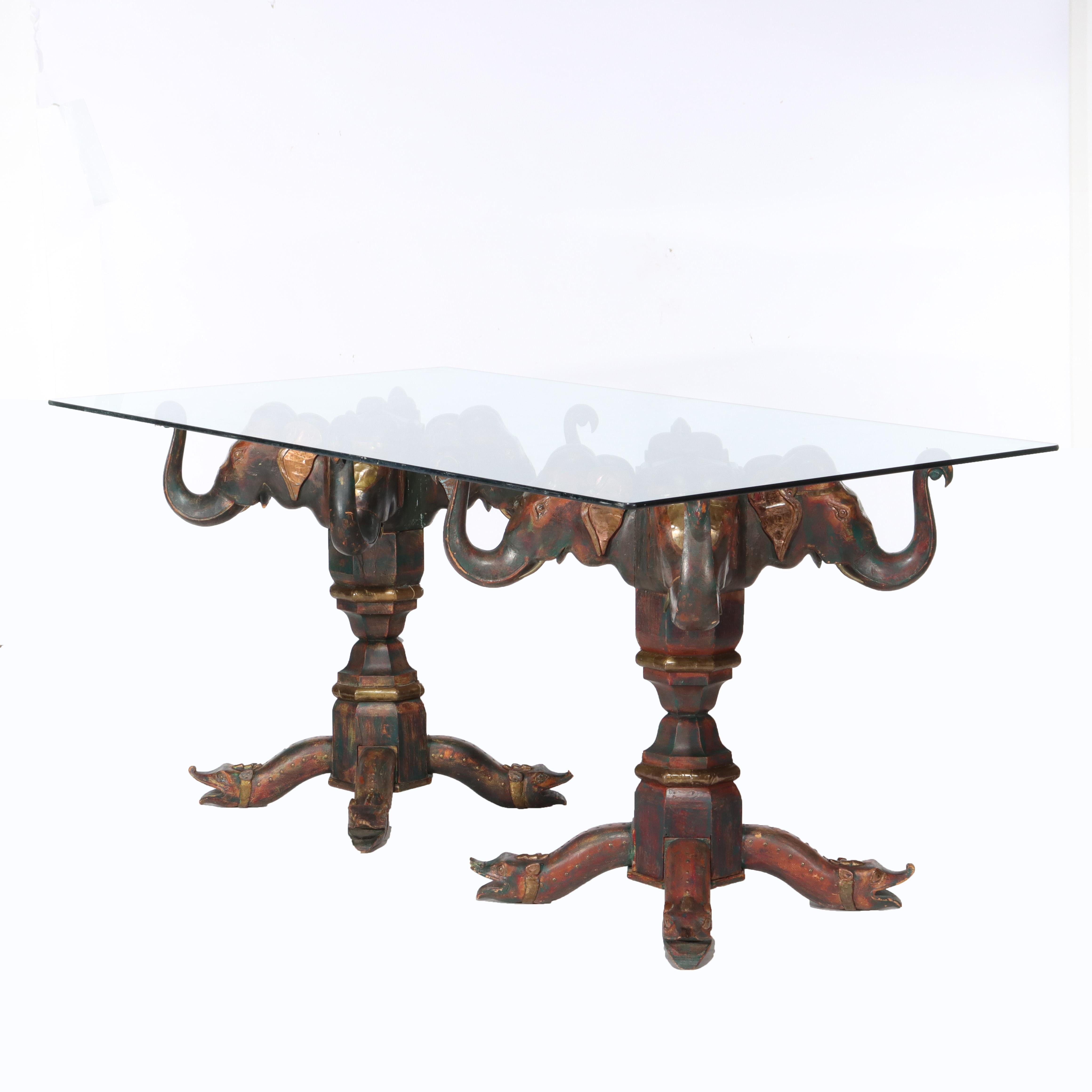 Vintage Asian Elephant Figural Polychromed Double Pedestal Glass Top Table (Tavolo con doppio piedistallo) in vendita 6