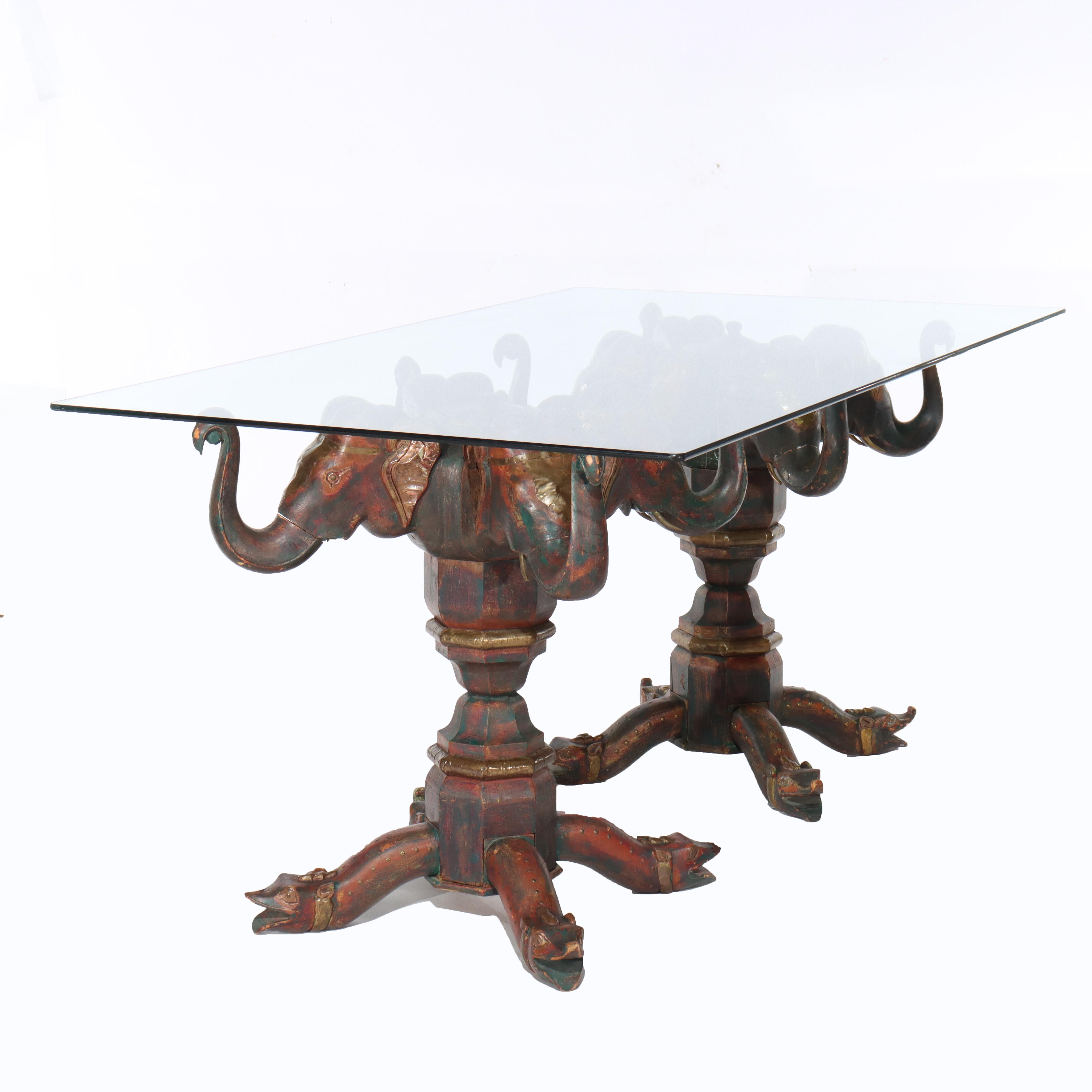 Vintage Asian Elephant Figural Polychromed Double Pedestal Glass Top Table (Tavolo con doppio piedistallo) in vendita 7
