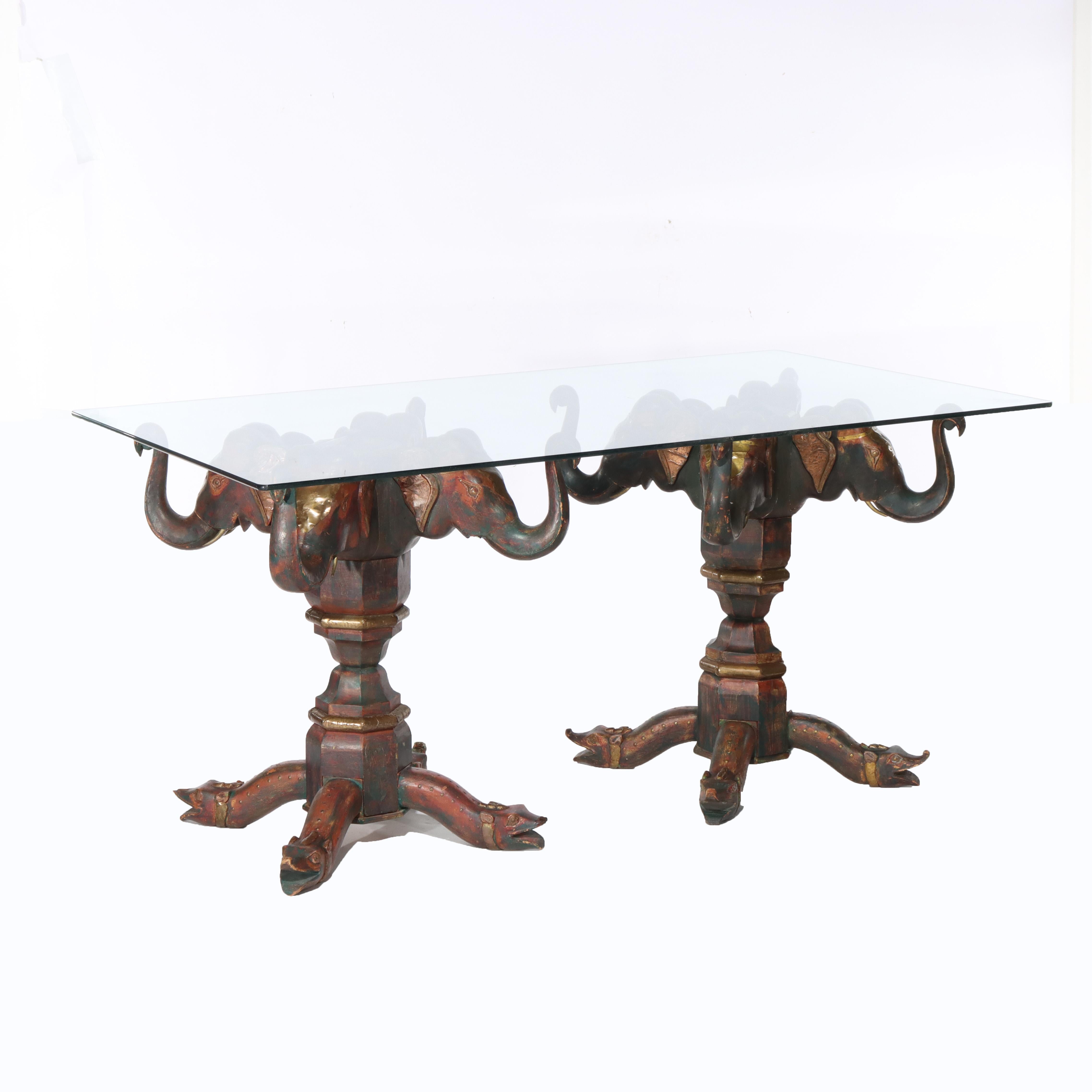 Vintage Asian Elephant Figural Polychromed Double Pedestal Glass Top Table (Tavolo con doppio piedistallo) in vendita 8