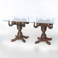 Vintage Asian Polychromed Figural Elephant Double Pedestal Glass Top Table