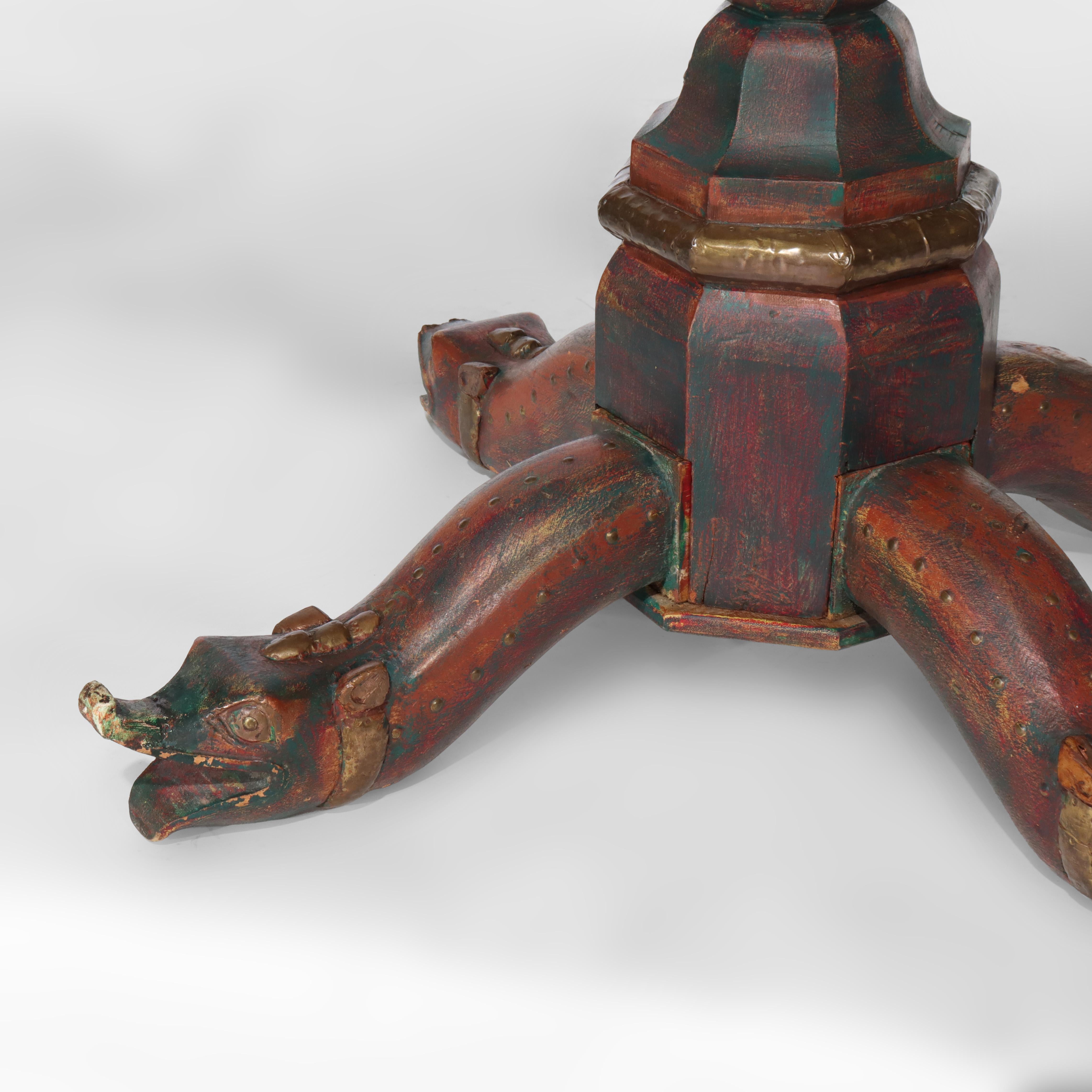 Vintage Asian Elephant Figural Polychromed Double Pedestal Glass Top Table (Tavolo con doppio piedistallo) In condizioni buone in vendita a Big Flats, NY