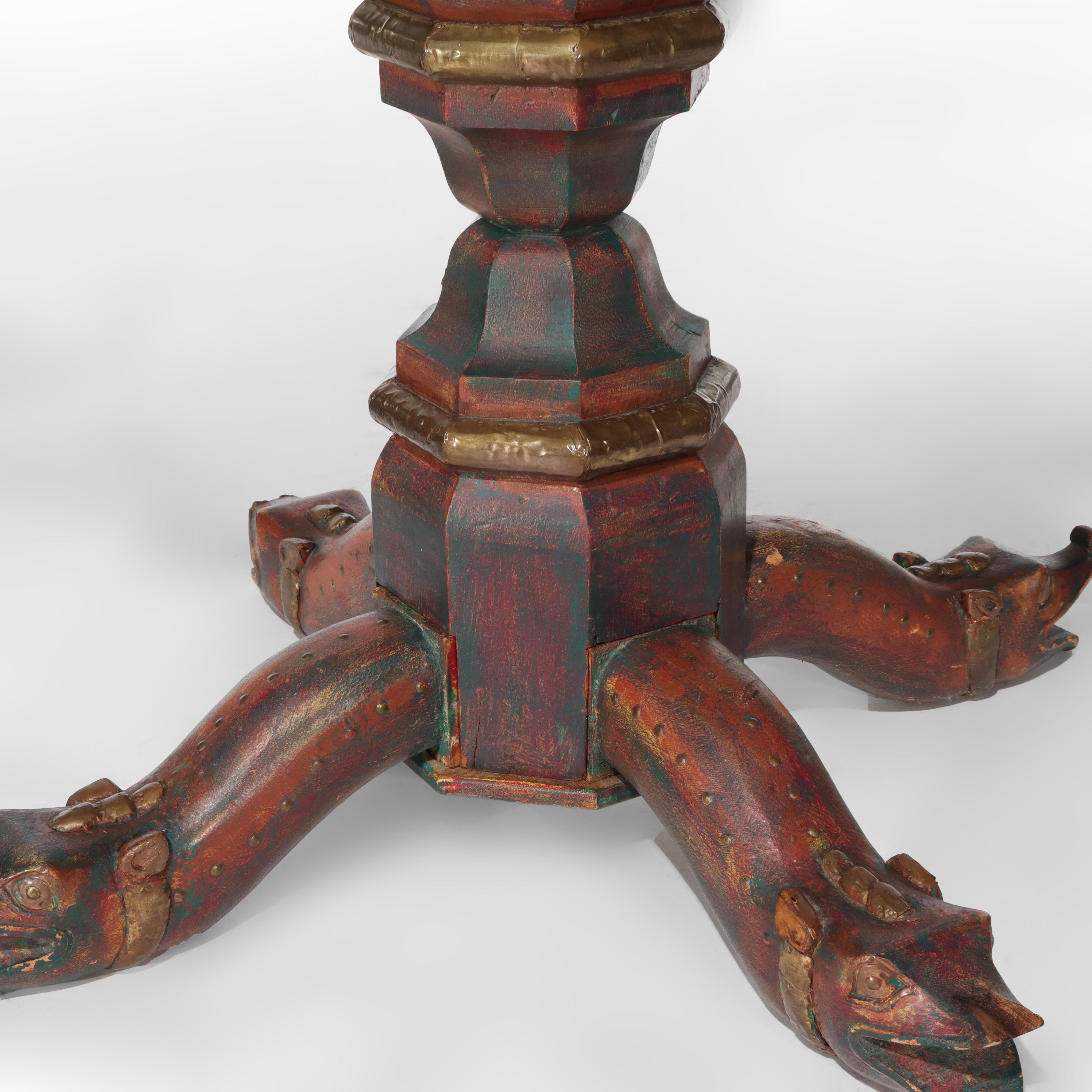 XX secolo Vintage Asian Elephant Figural Polychromed Double Pedestal Glass Top Table (Tavolo con doppio piedistallo) in vendita