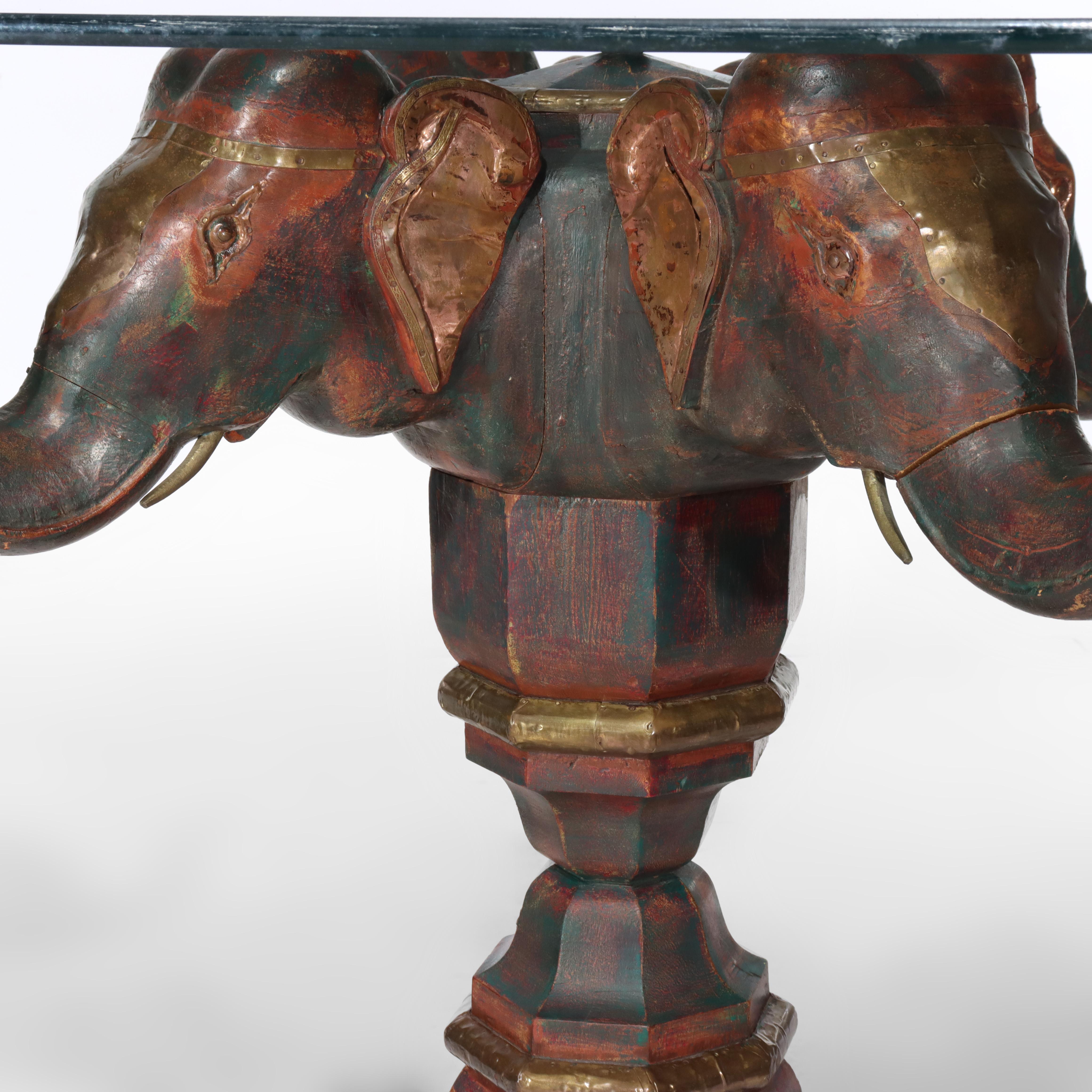 Vetro Vintage Asian Elephant Figural Polychromed Double Pedestal Glass Top Table (Tavolo con doppio piedistallo) in vendita