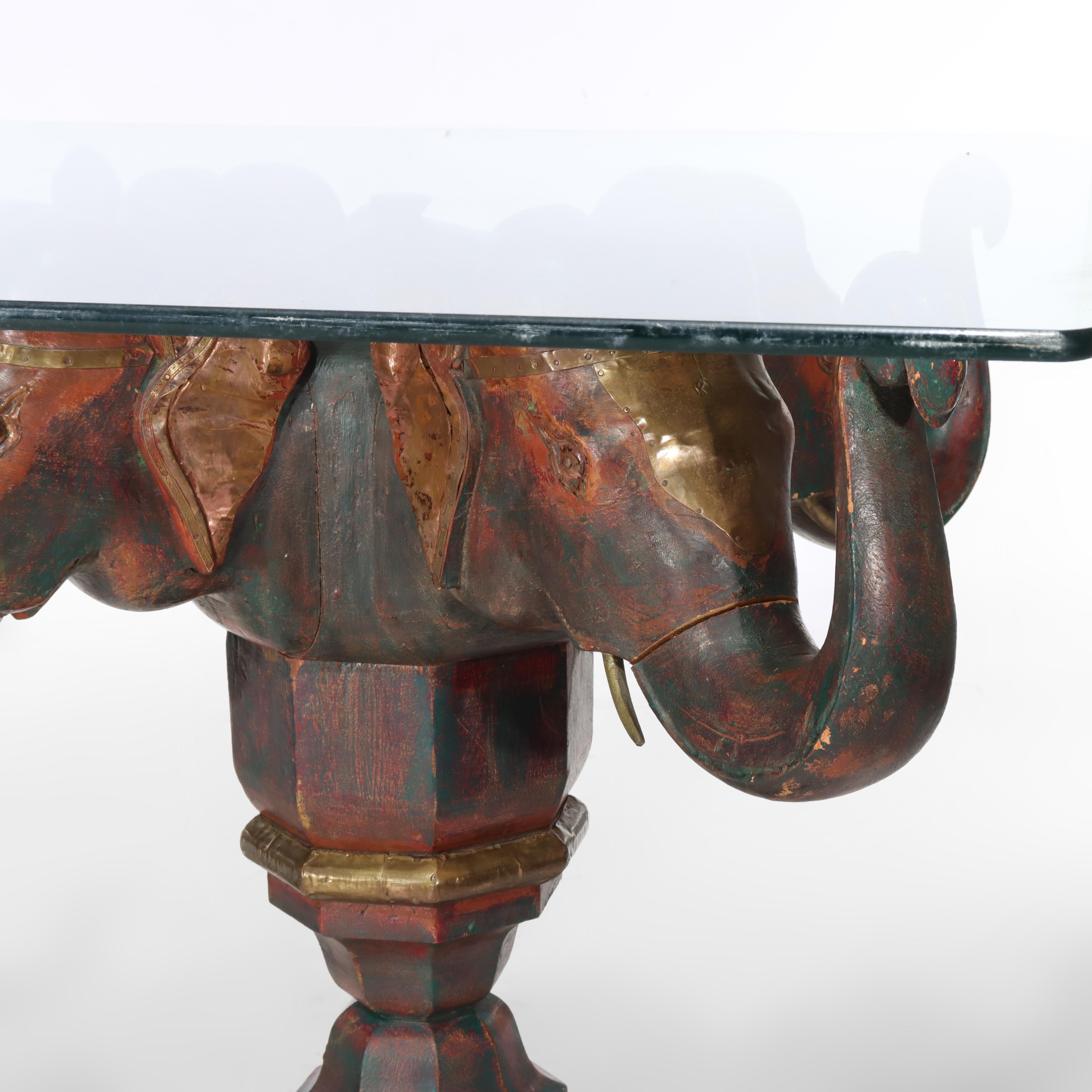 Vintage Asian Elephant Figural Polychromed Double Pedestal Glass Top Table (Tavolo con doppio piedistallo) in vendita 1