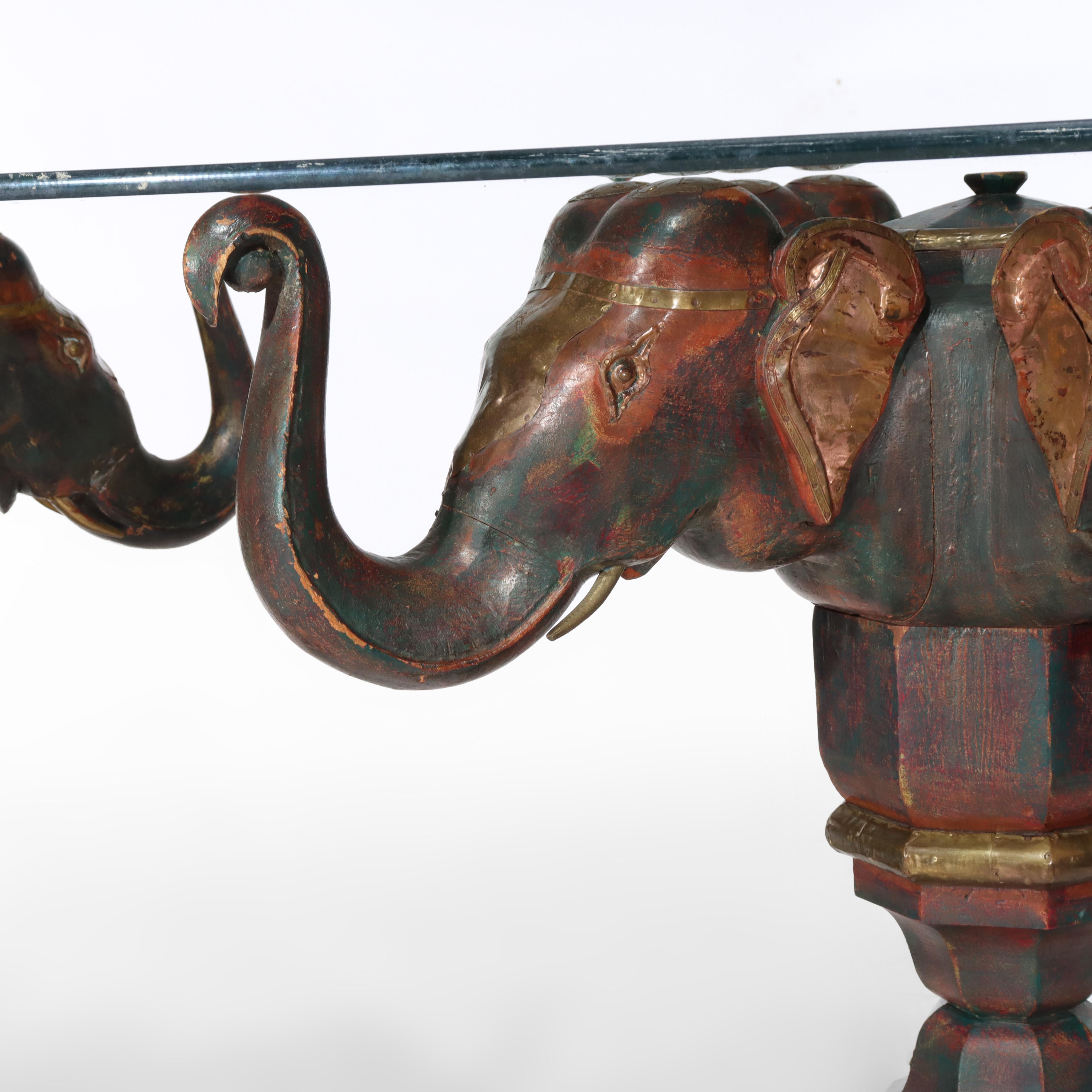 Vintage Asian Elephant Figural Polychromed Double Pedestal Glass Top Table (Tavolo con doppio piedistallo) in vendita 2
