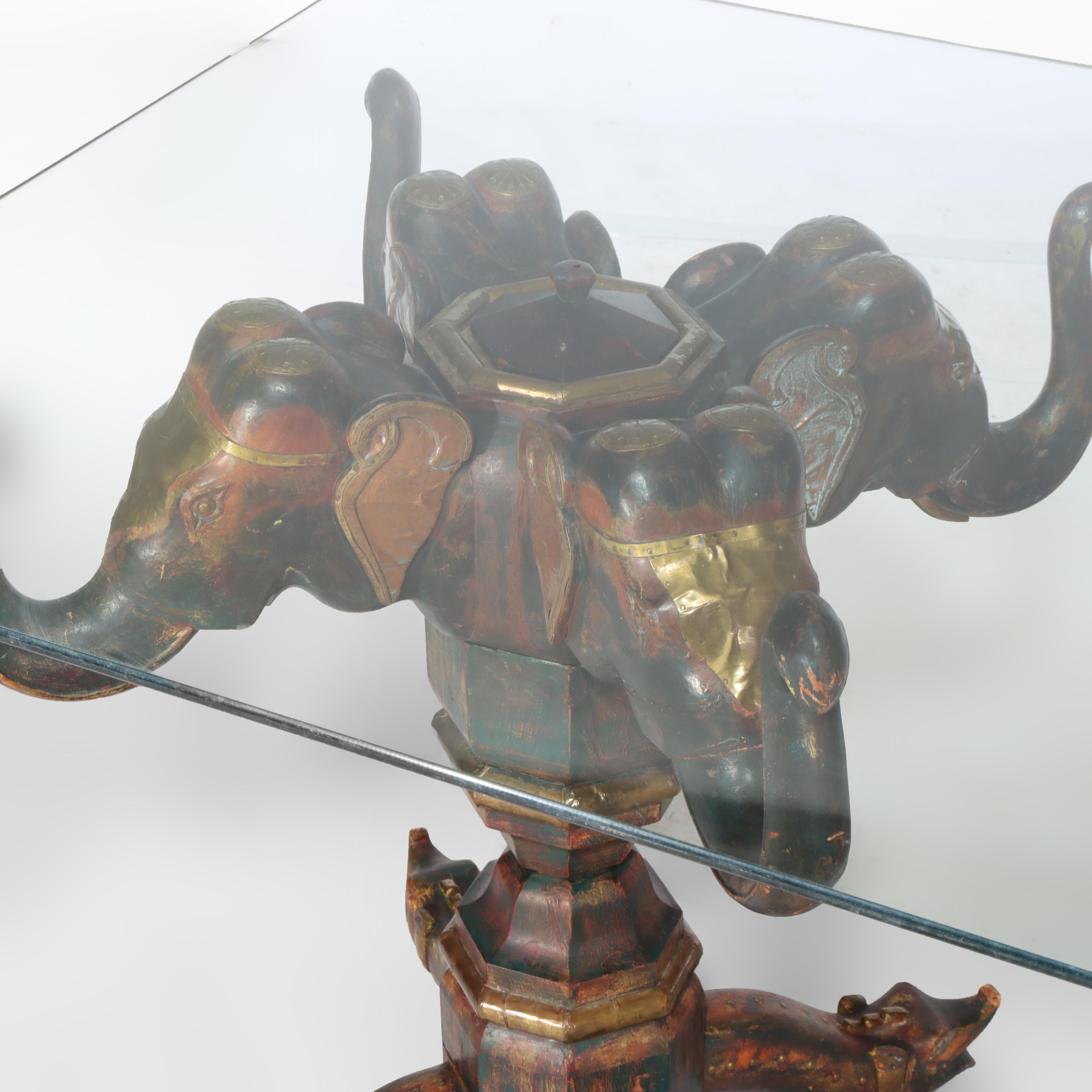 Vintage Asian Elephant Figural Polychromed Double Pedestal Glass Top Table (Tavolo con doppio piedistallo) in vendita 3