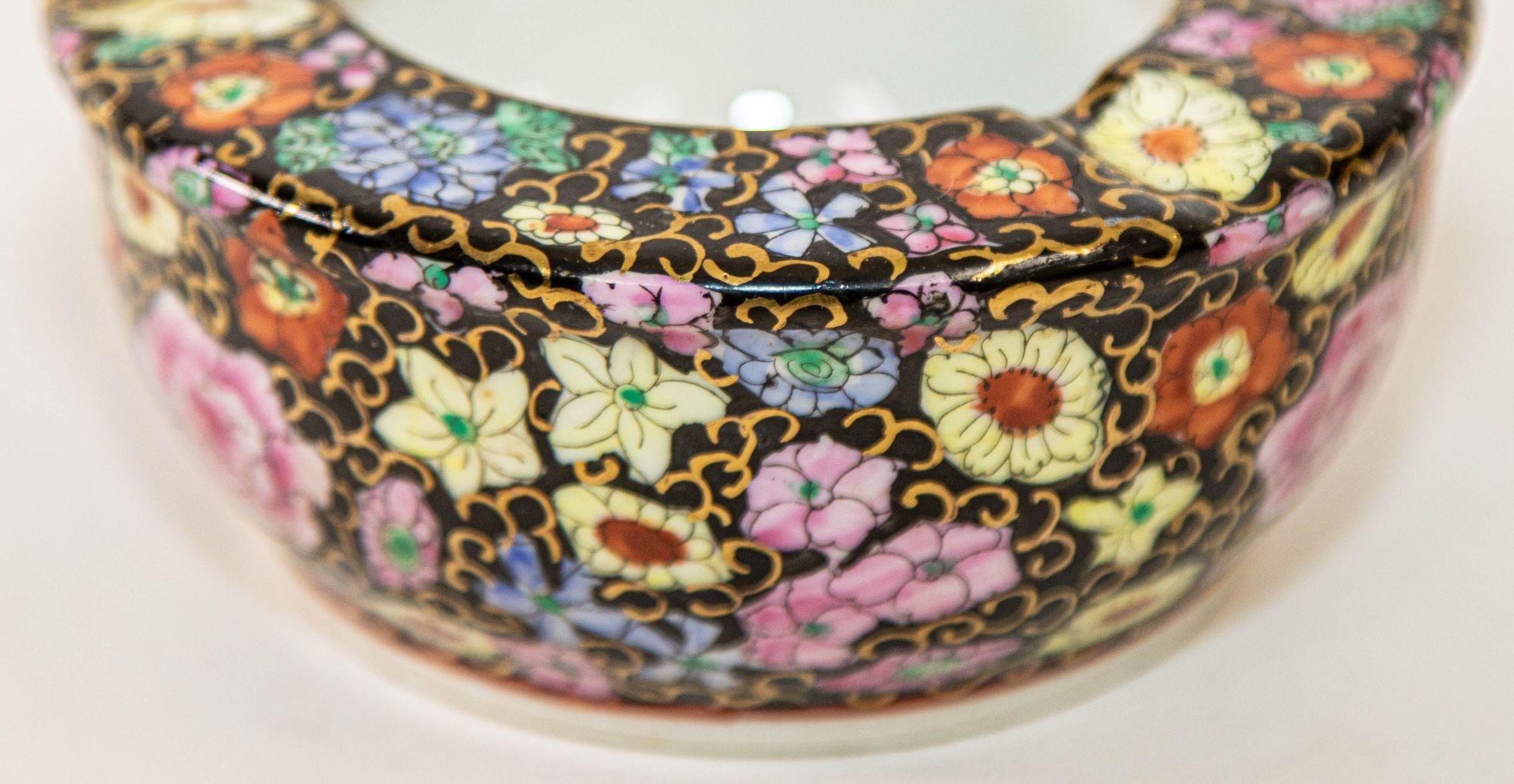 Chinese Export Vintage Asian Porcelain Hand Painted Black Floral Ashtray China For Sale