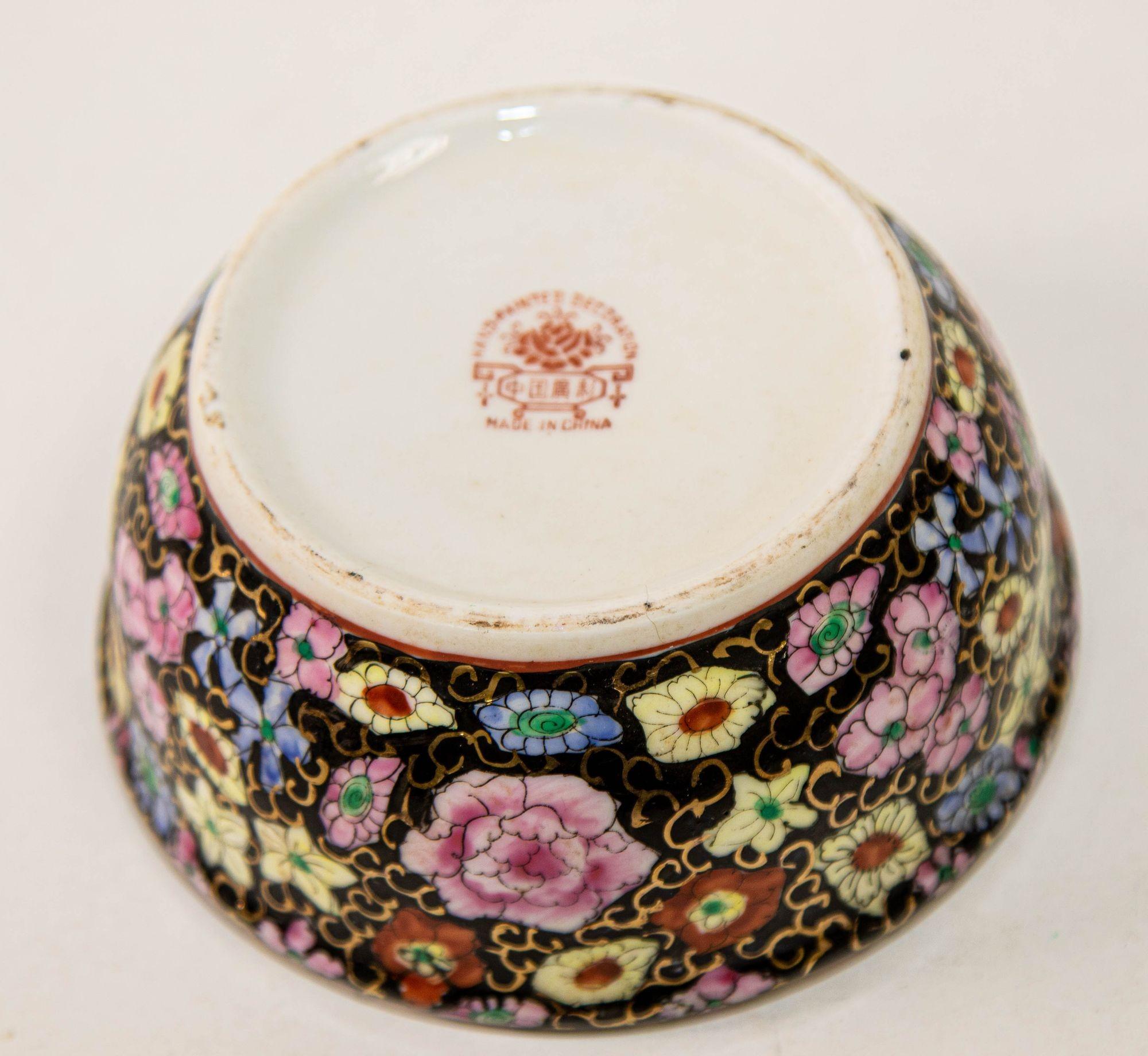 Hand-Crafted Vintage Asian Porcelain Hand Painted Black Floral Ashtray China For Sale