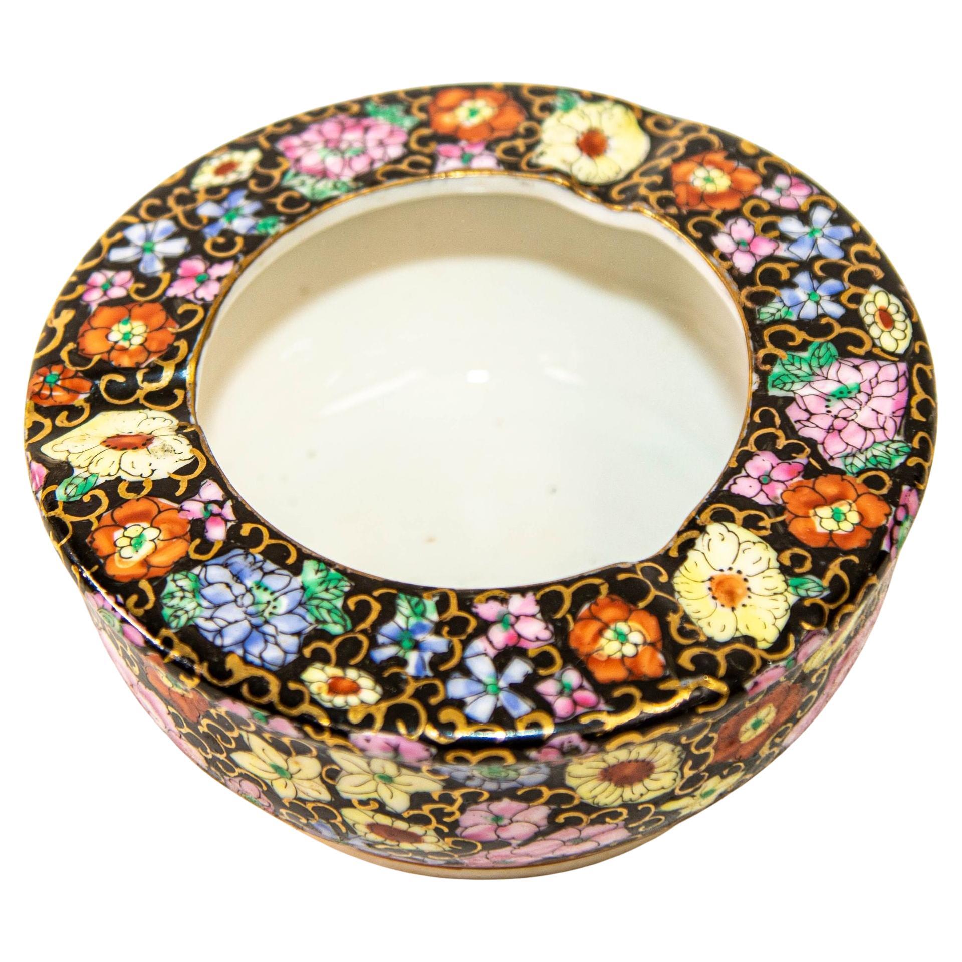 Vintage Asian Porcelain Hand Painted Black Floral Ashtray China For Sale