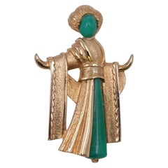 Vintage Asian Princess Brooch With Faux Jade 1960
s