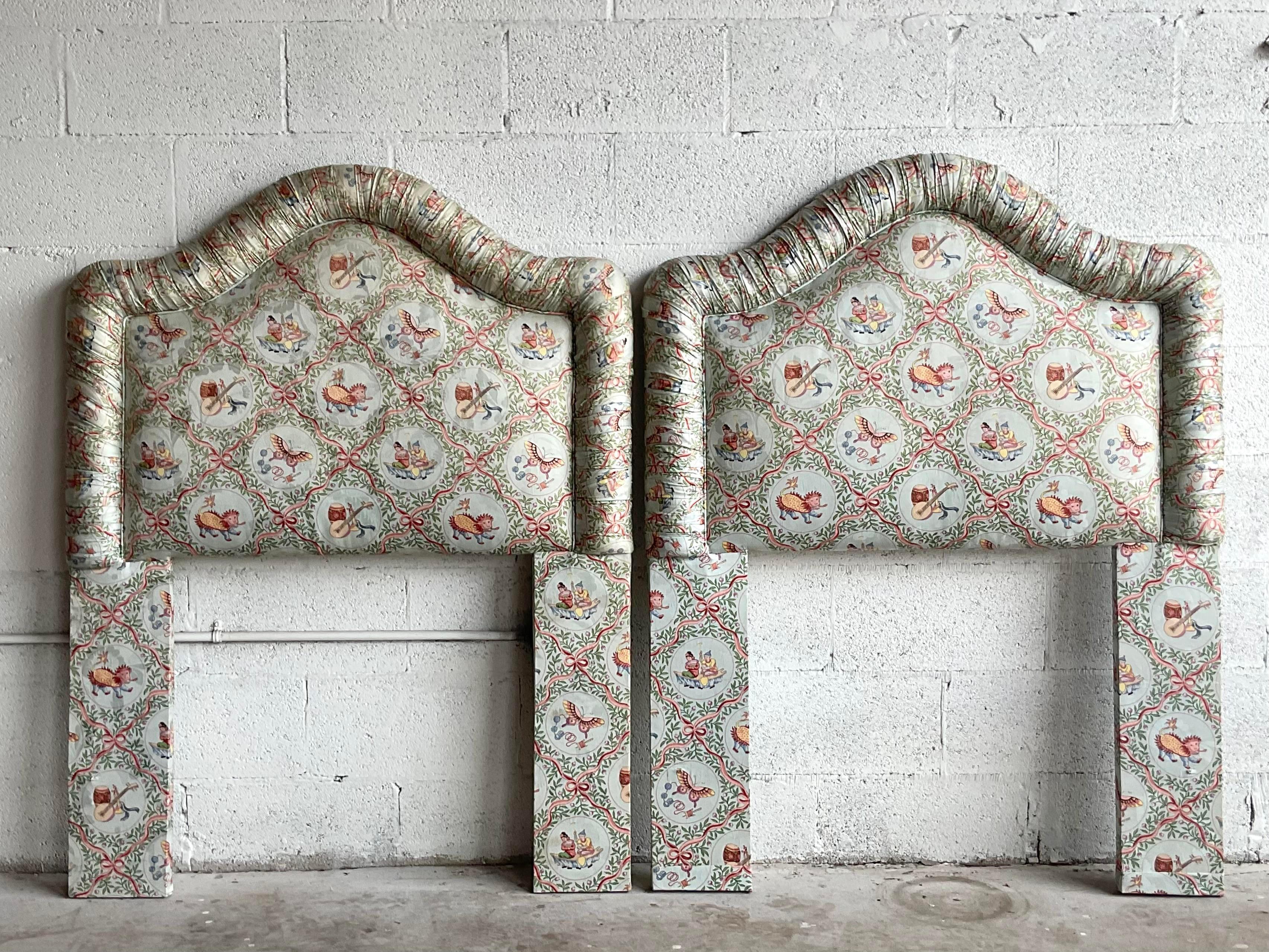 Vintage Asian Print Shirred Trim Twin Headboards In Good Condition For Sale In west palm beach, FL
