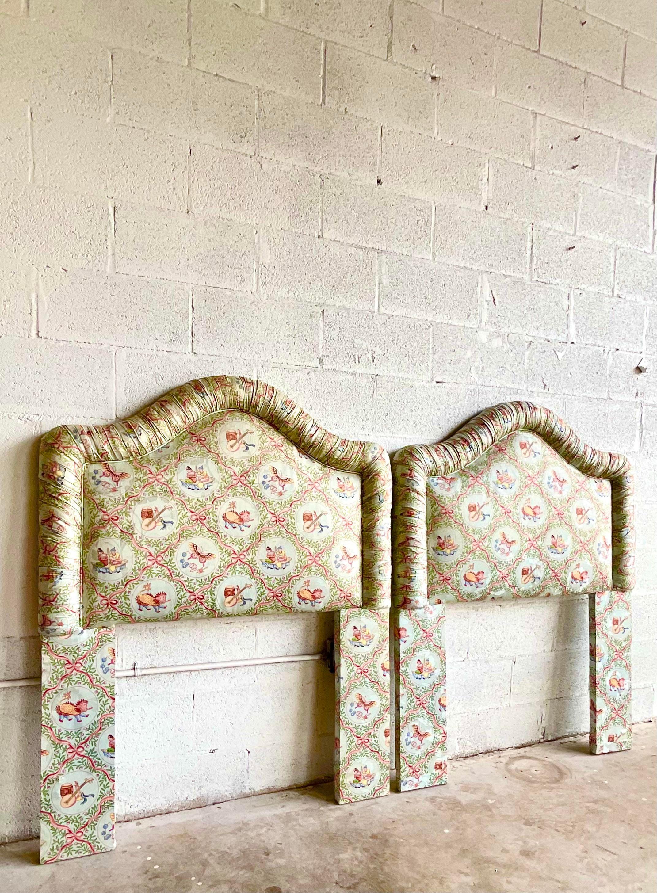 Fabric Vintage Asian Print Shirred Trim Twin Headboards For Sale
