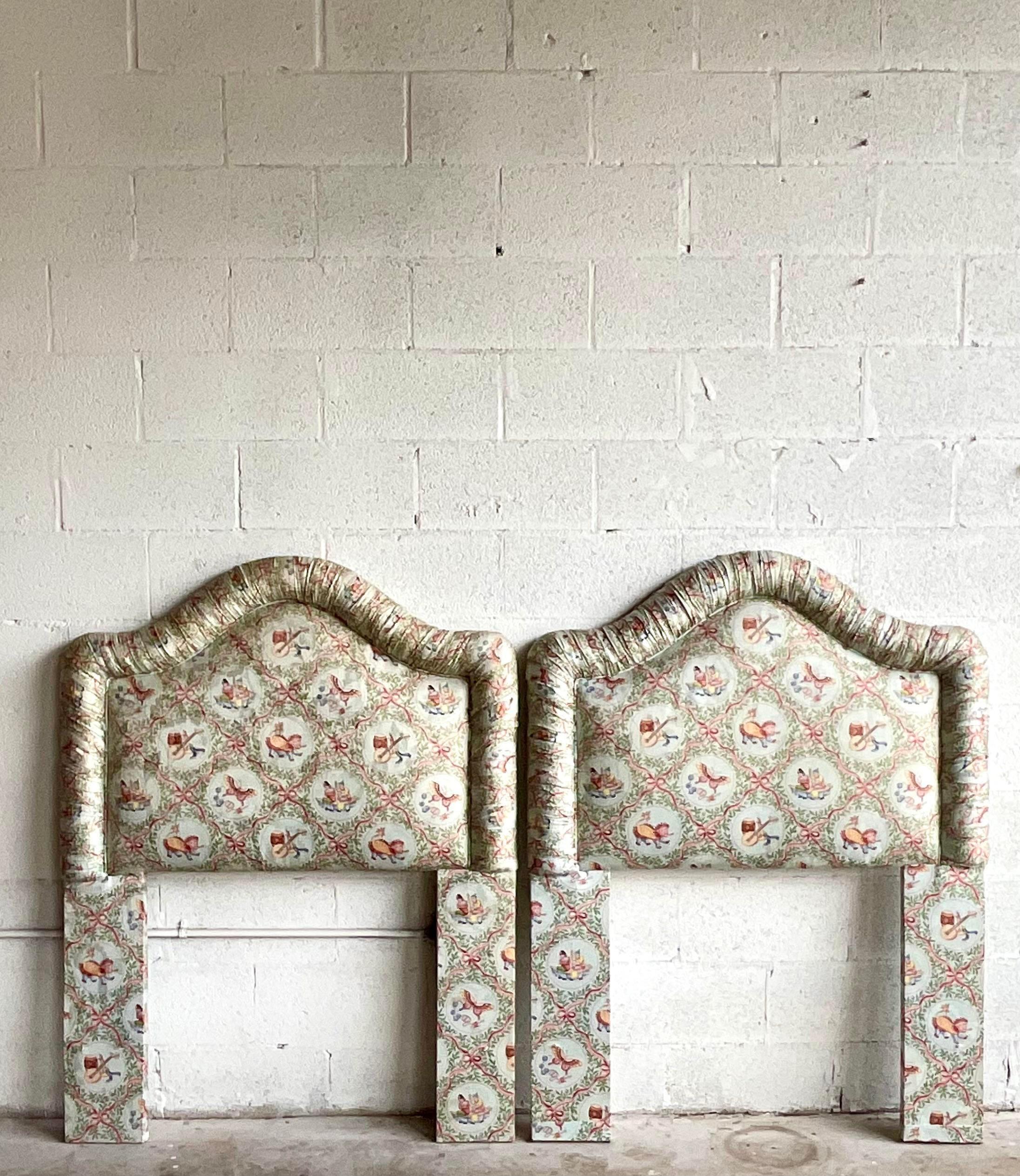 Vintage Asian Print Shirred Trim Twin Headboards For Sale 1