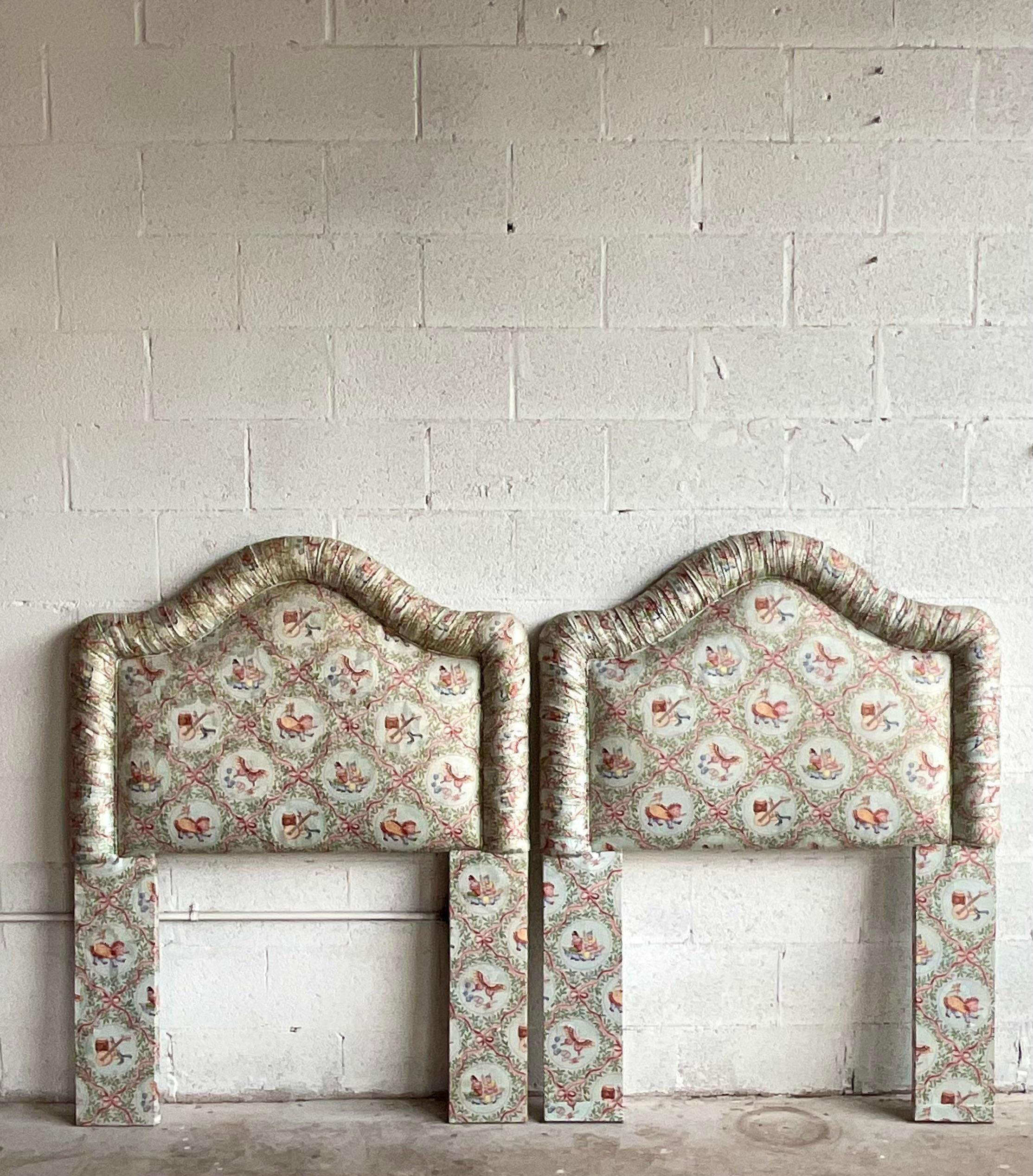 Vintage Asian Print Shirred Trim Twin Headboards For Sale 2
