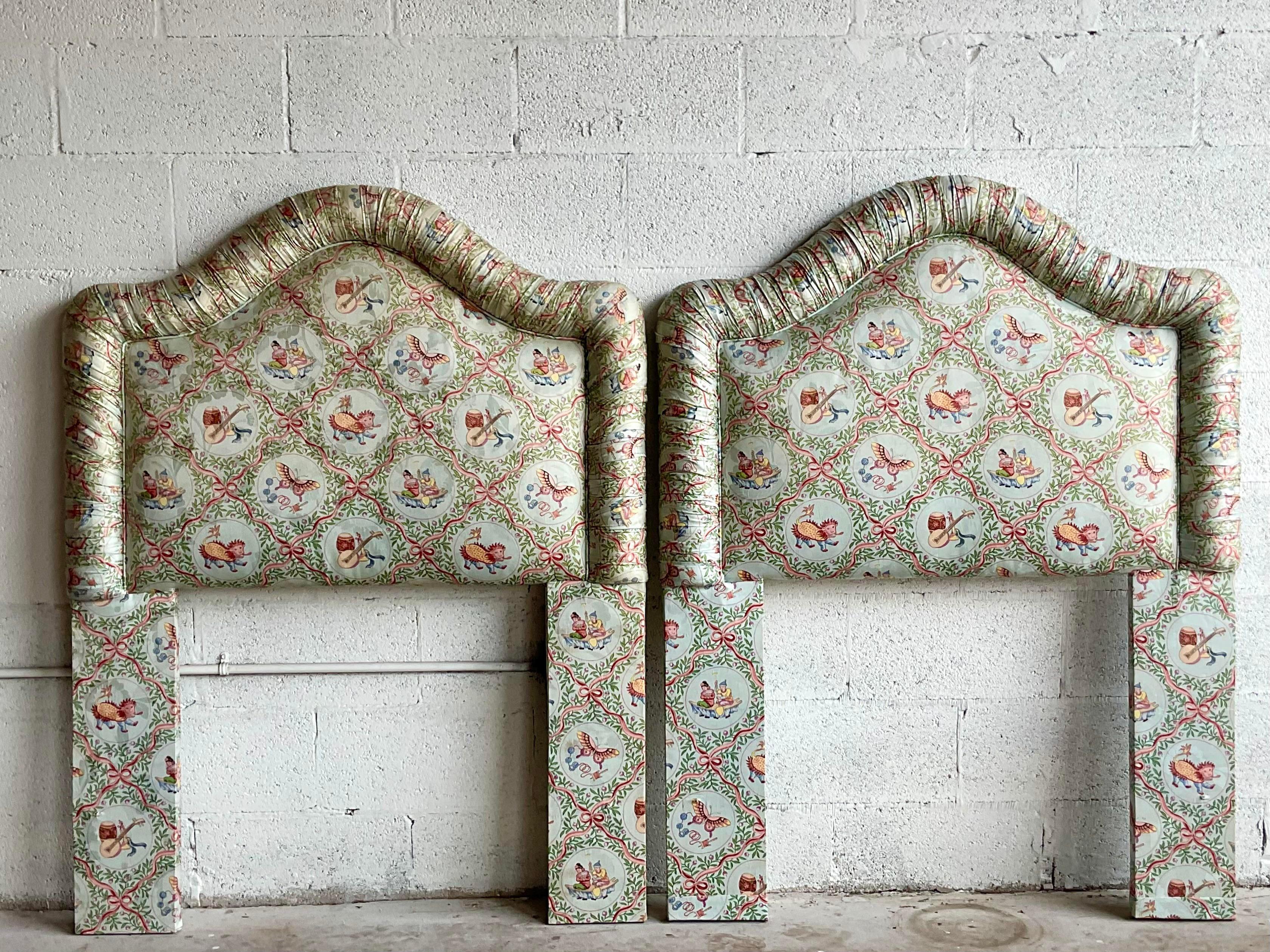 Vintage Asian Print Shirred Trim Twin Headboards For Sale 3