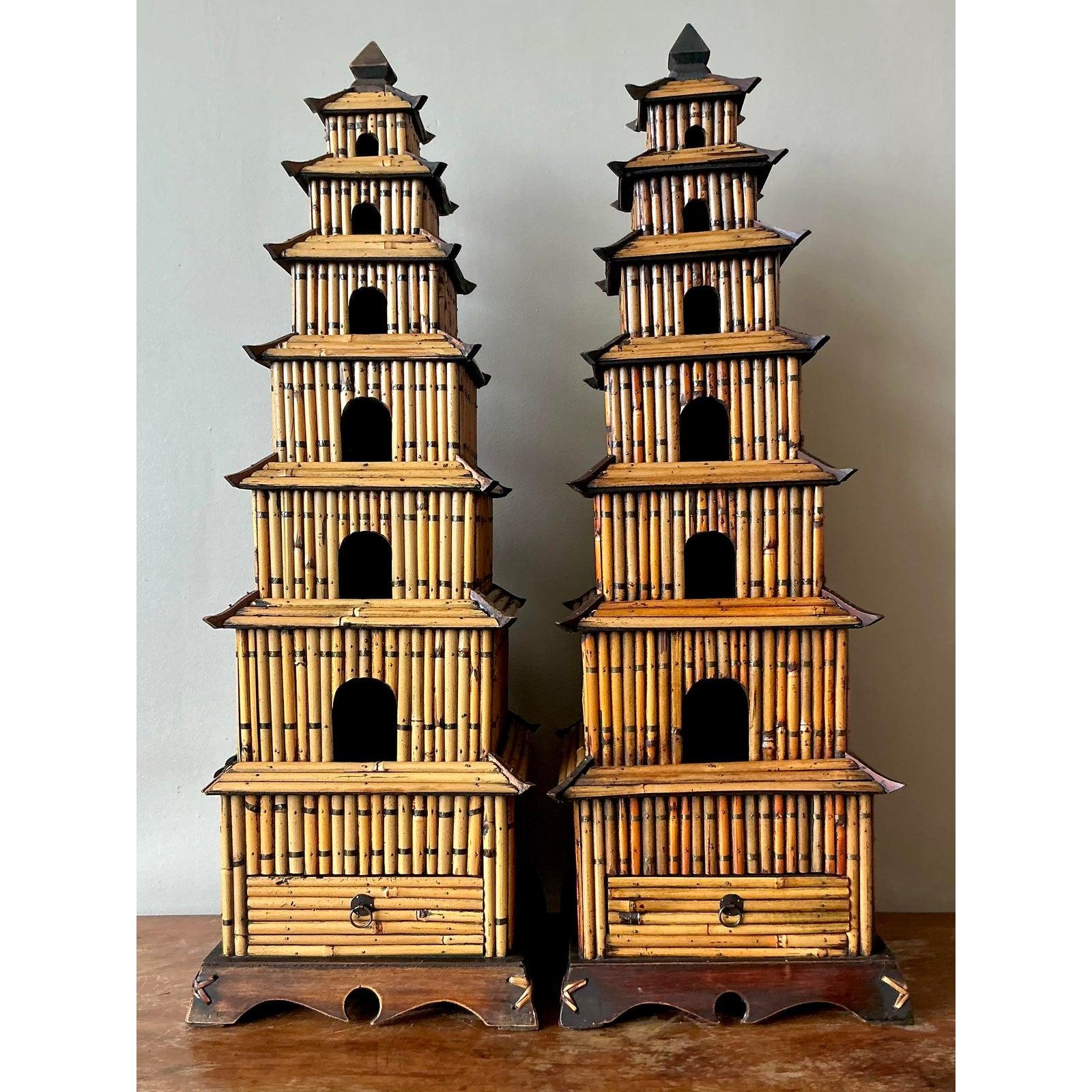 Vintage Asian Rattan Pagodas - A Pair In Good Condition For Sale In West Palm Beach, FL