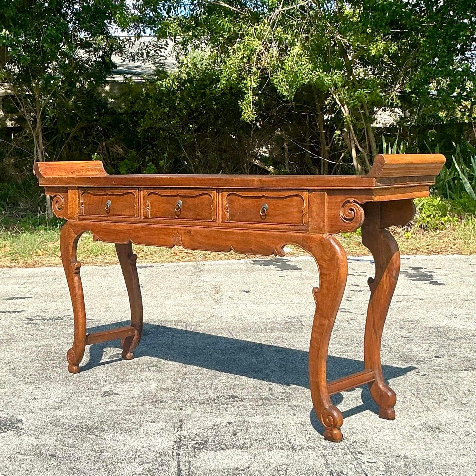Vintage Asian Reclaimed Wood Pagoda Console Table In Good Condition For Sale In west palm beach, FL