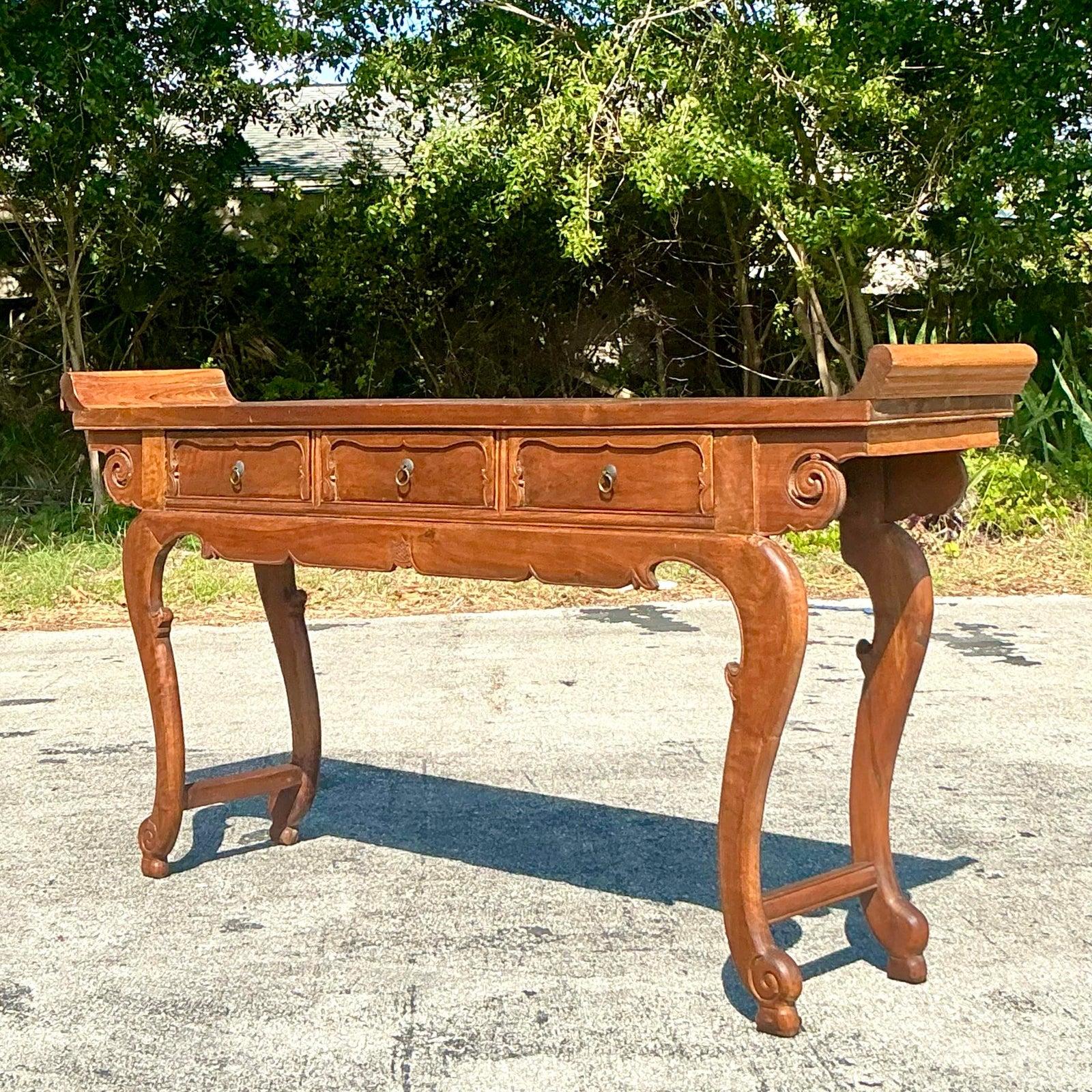 20th Century Vintage Asian Reclaimed Wood Pagoda Console Table For Sale