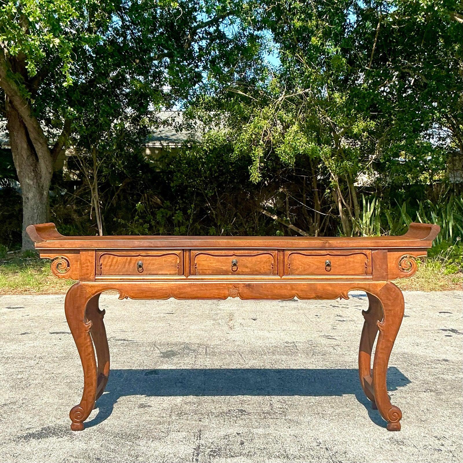 Vintage Asian Reclaimed Wood Pagoda Console Table For Sale 1