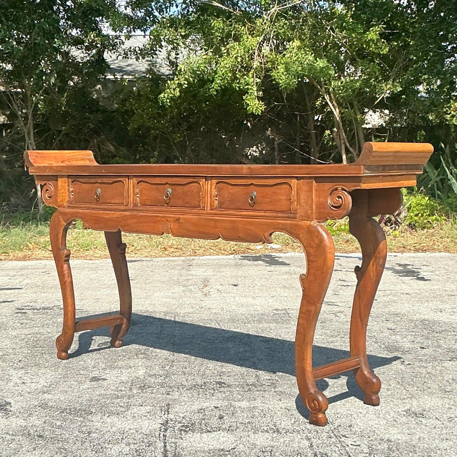 Vintage Asian Reclaimed Wood Pagoda Console Table For Sale 4