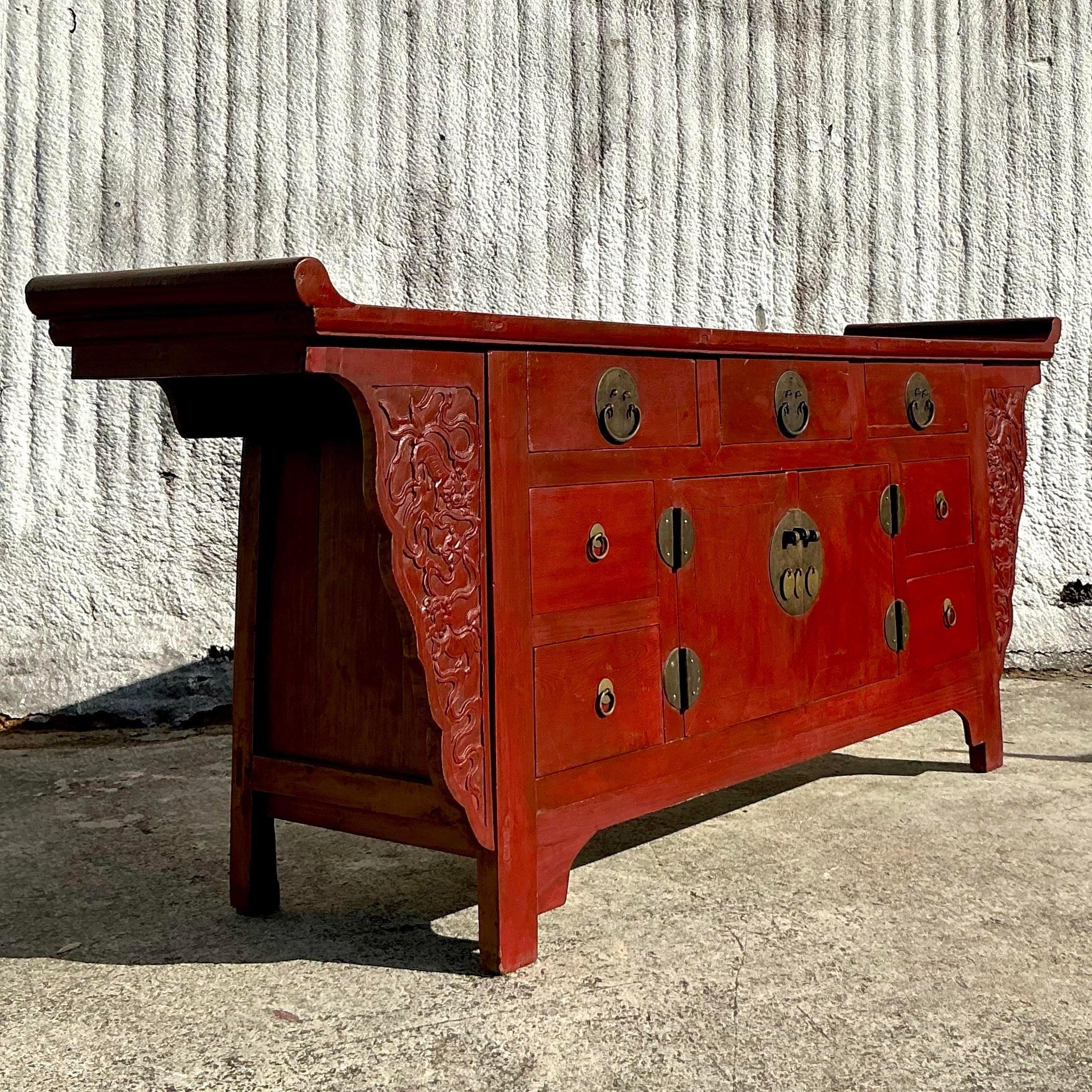 American Vintage Asian Reclaimed Wood Pagoda Credenza For Sale