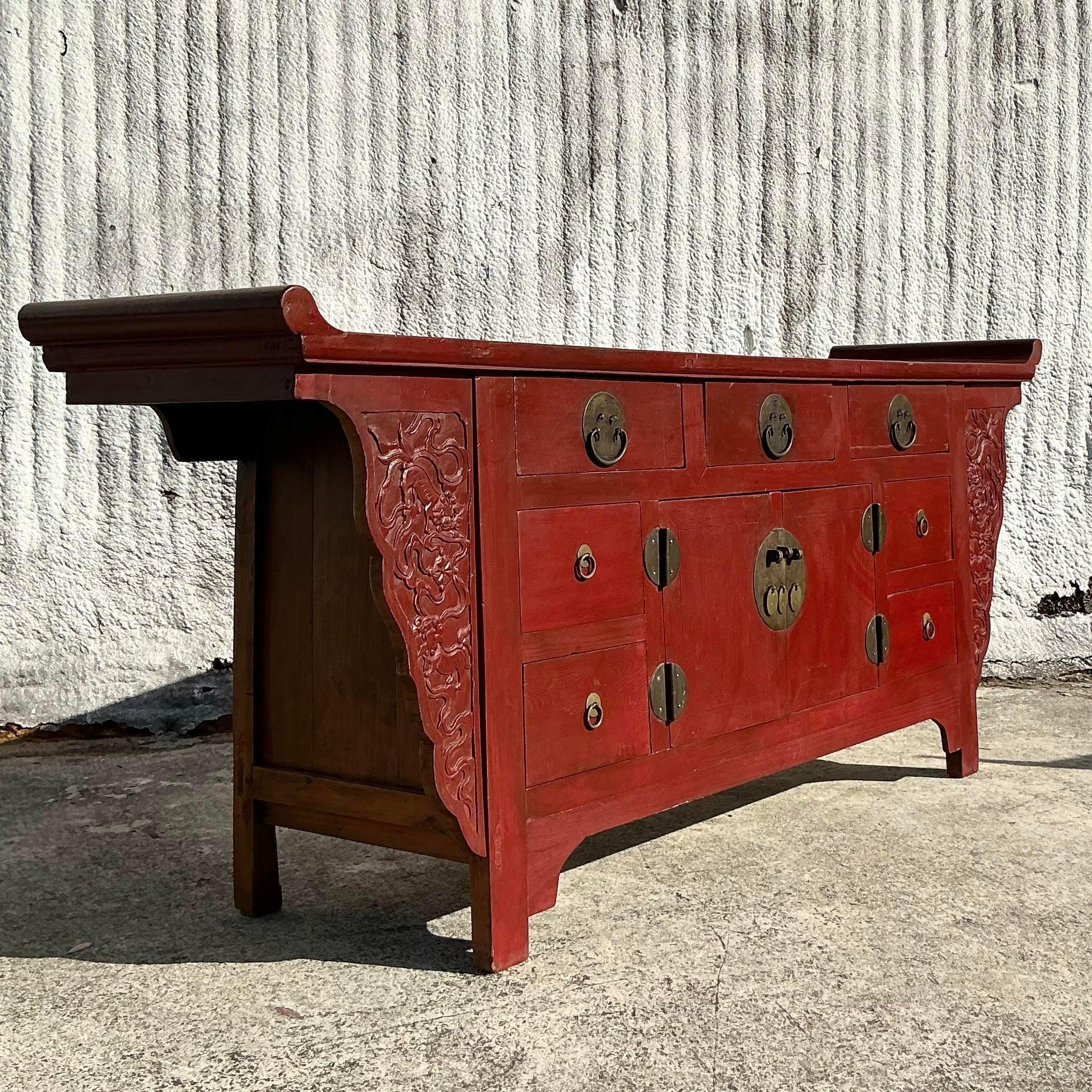 Vintage Asian Reclaimed Wood Pagoda Credenza In Good Condition For Sale In west palm beach, FL
