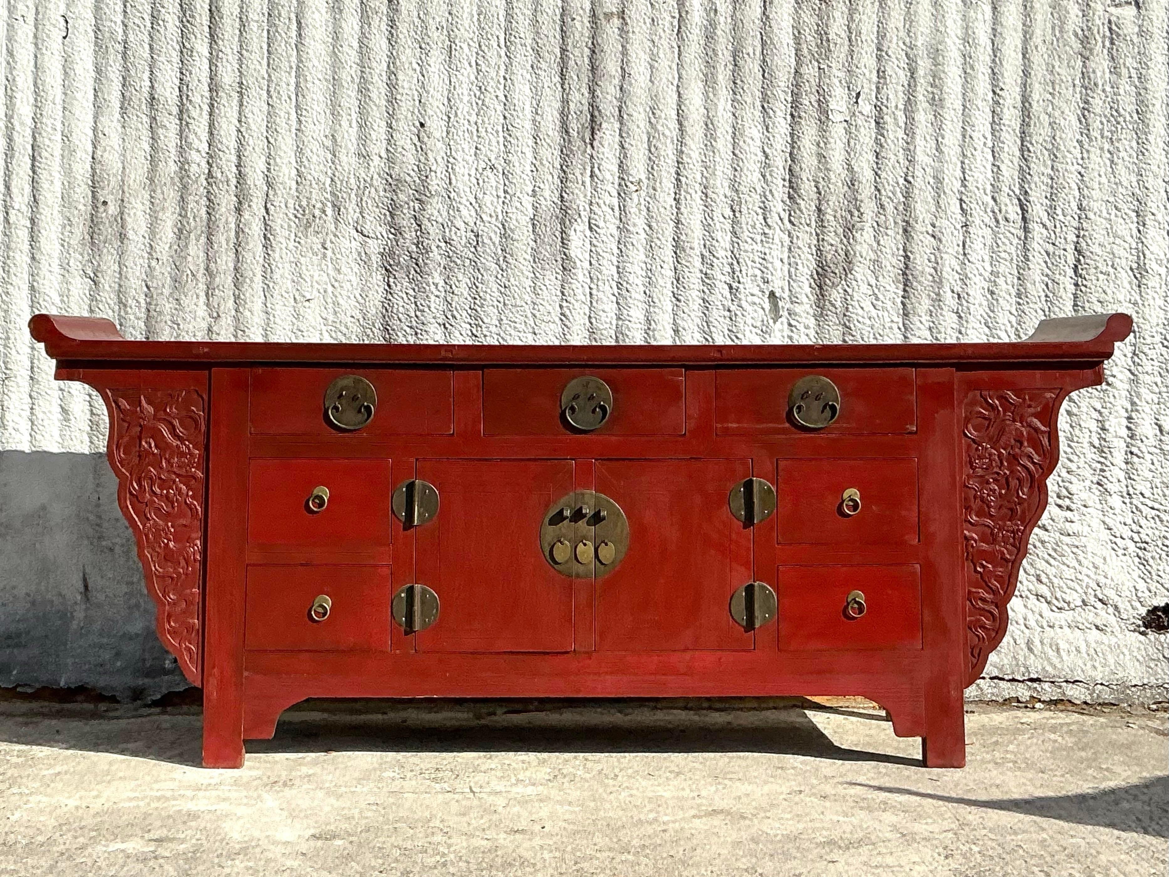 20th Century Vintage Asian Reclaimed Wood Pagoda Credenza For Sale