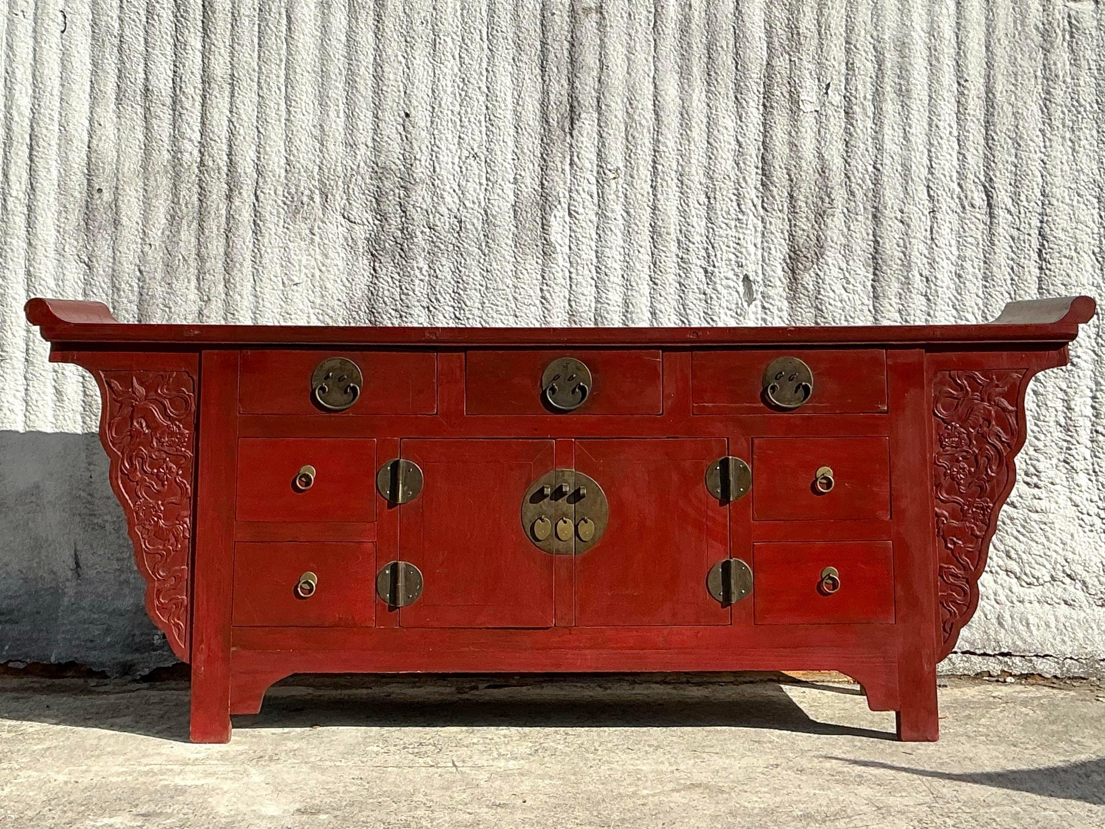 Vintage Asian Reclaimed Wood Pagoda Credenza For Sale 1
