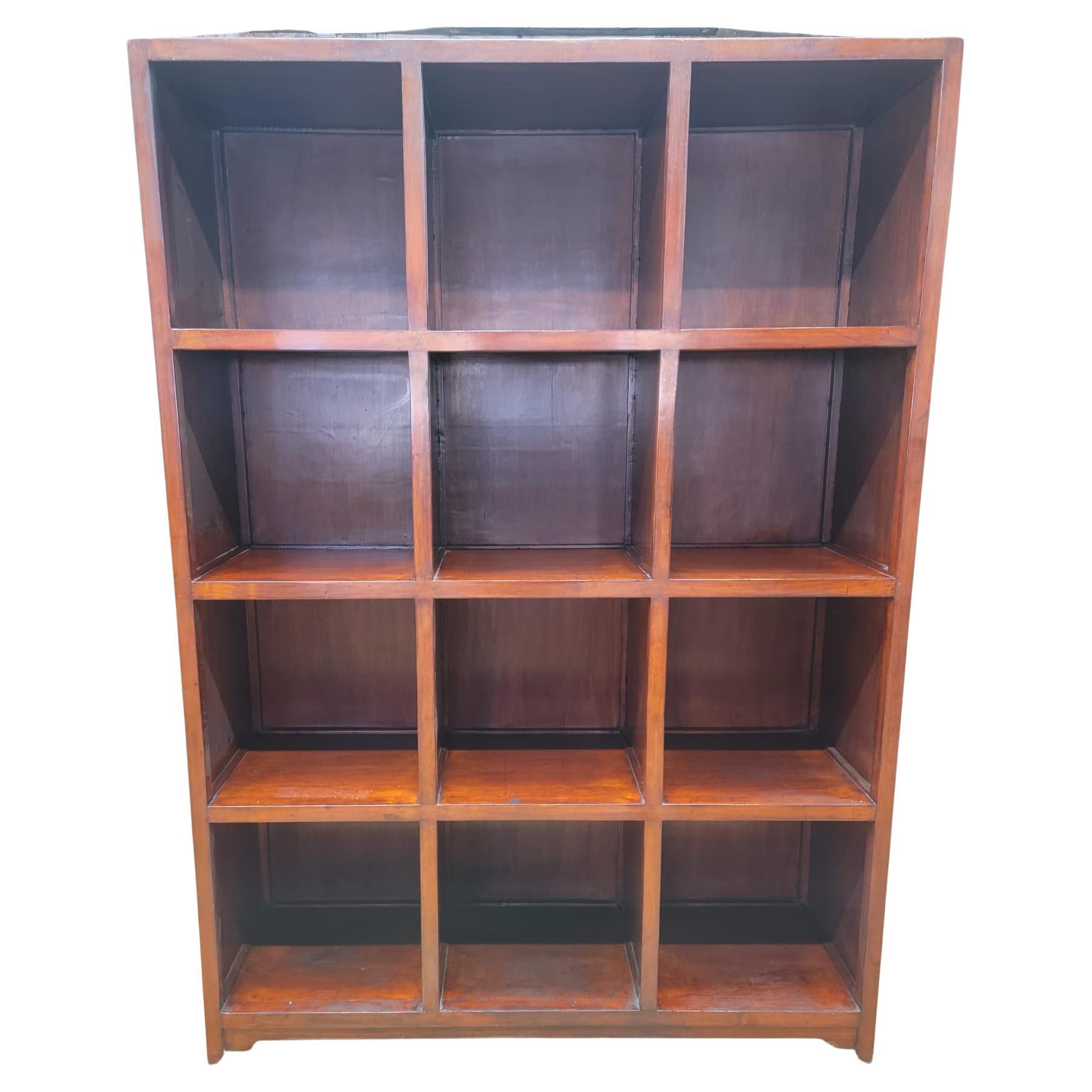 Vintage Chinese Red Lacquered Elmwood Cube Bookcase