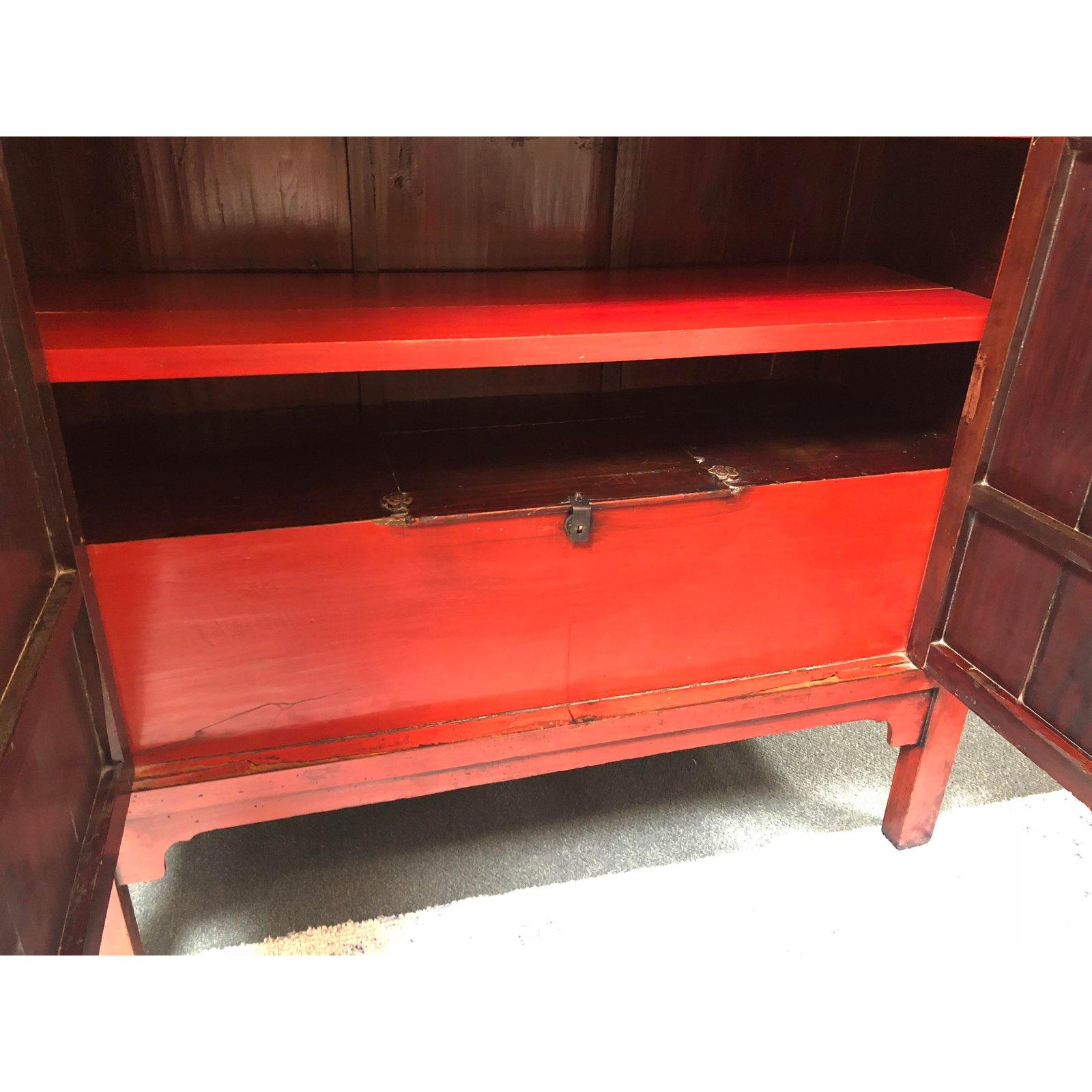 Chinese Export Vintage Asian Red Lacquer Cabinet For Sale