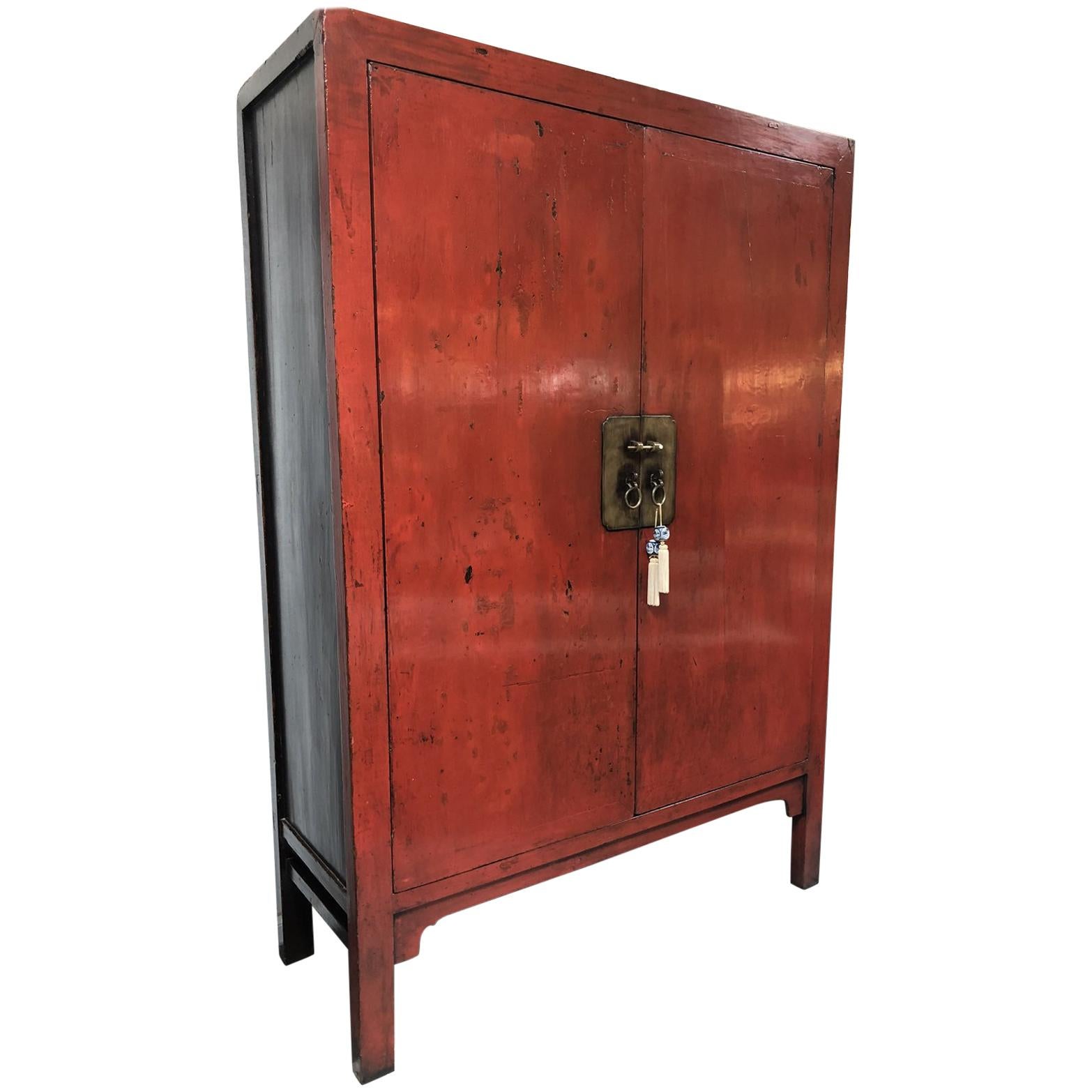 Vintage Asian Red Lacquer Cabinet For Sale