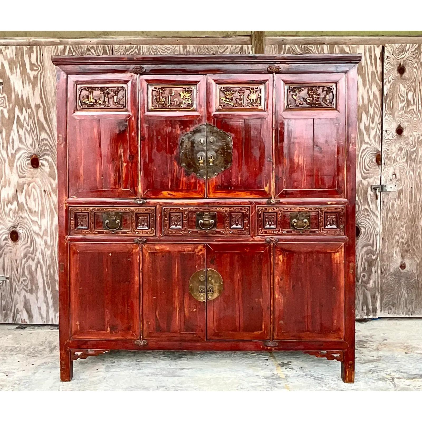 Chinese Vintage Asian Red Lacquered Hutch For Sale