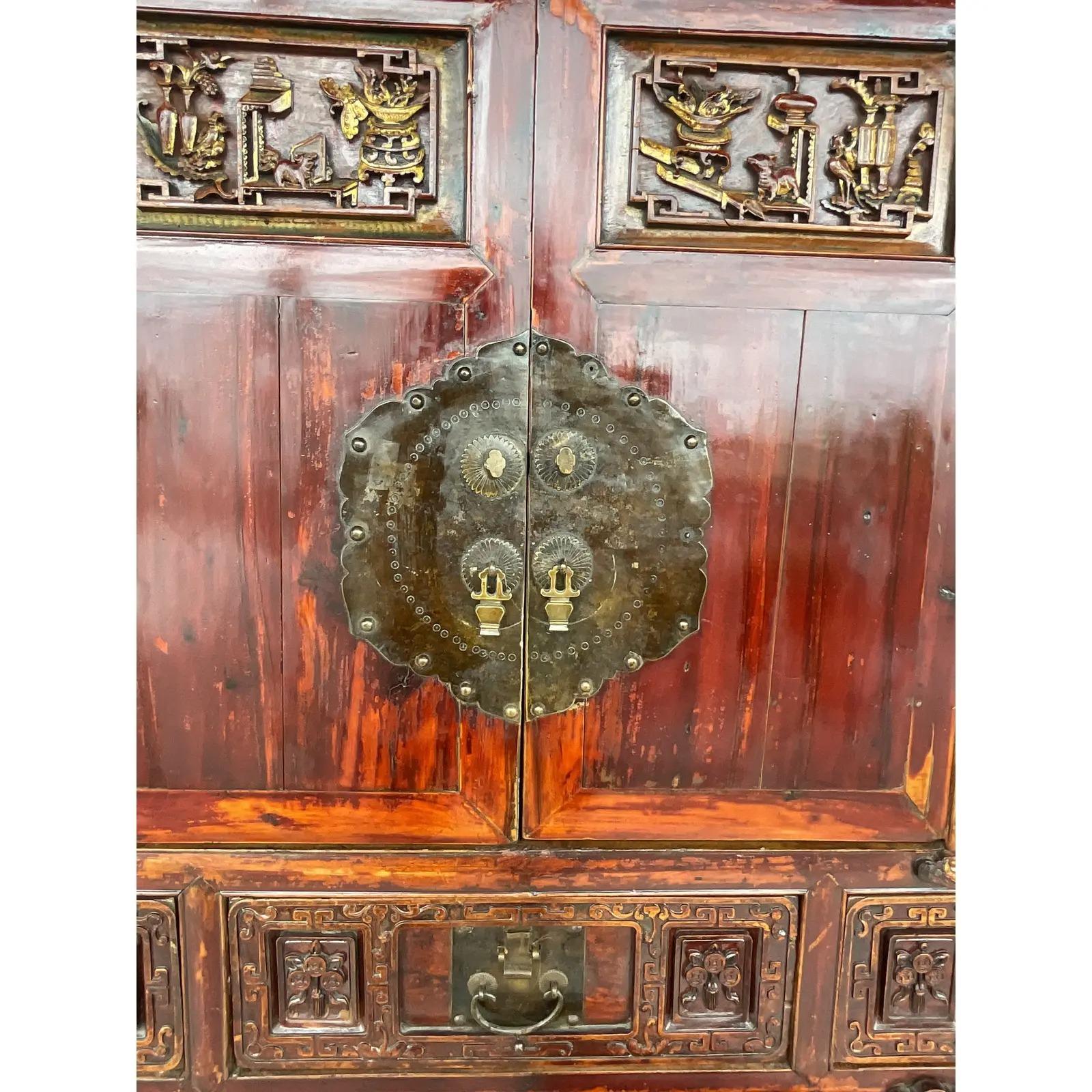Wood Vintage Asian Red Lacquered Hutch For Sale