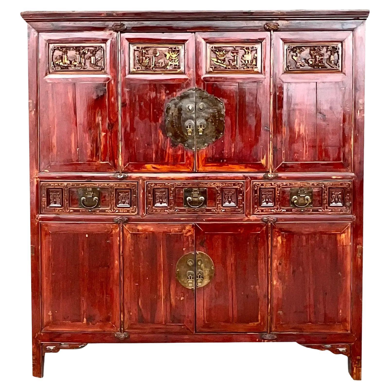 Vintage Asian Red Lacquered Hutch For Sale