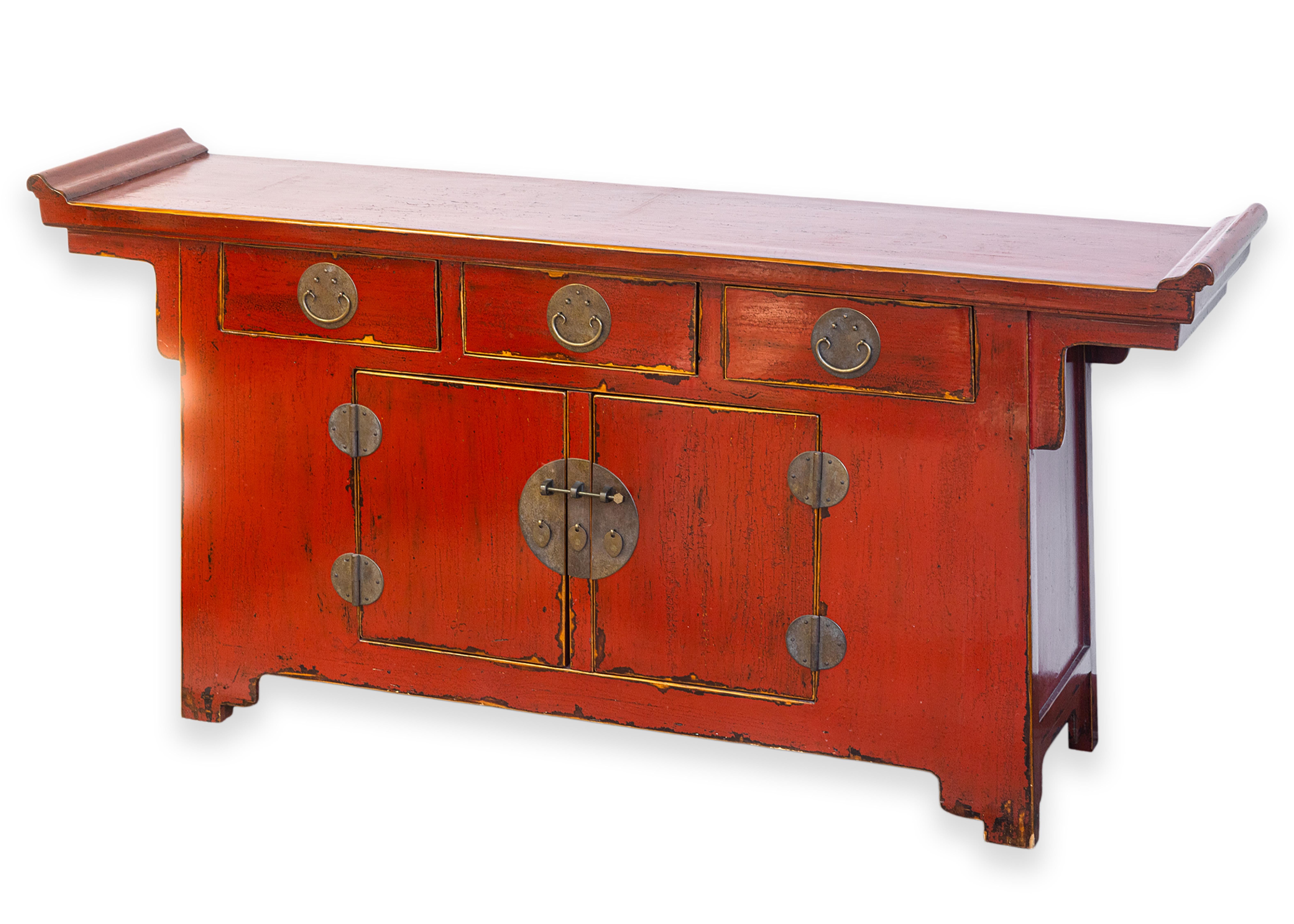 Vintage Asian Rot Lackiert mit Messing Hardware Sideboard Buffet Schrank im Angebot 5